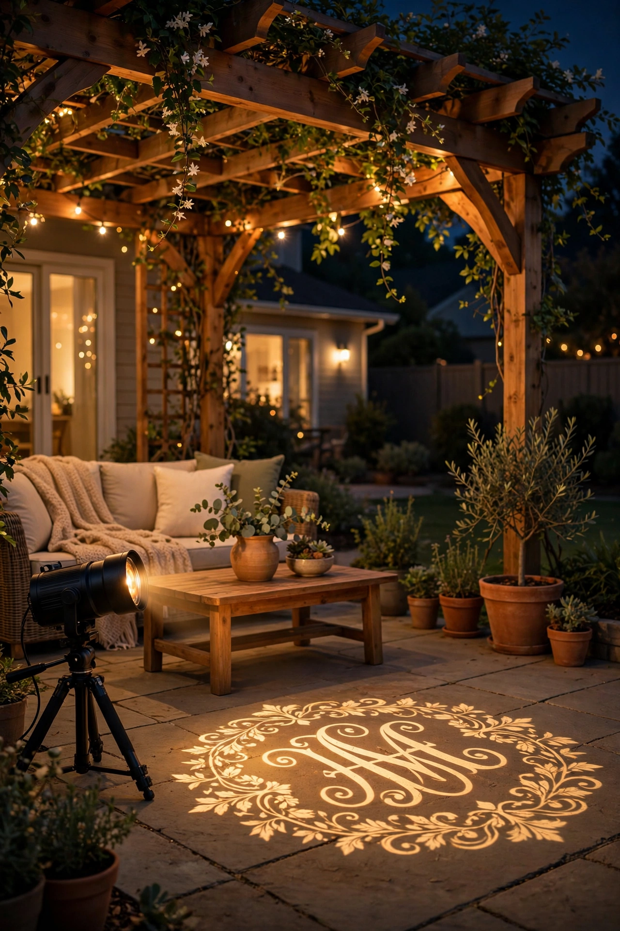 Gobo projector casting a monogram light pattern onto a pergola patio at night