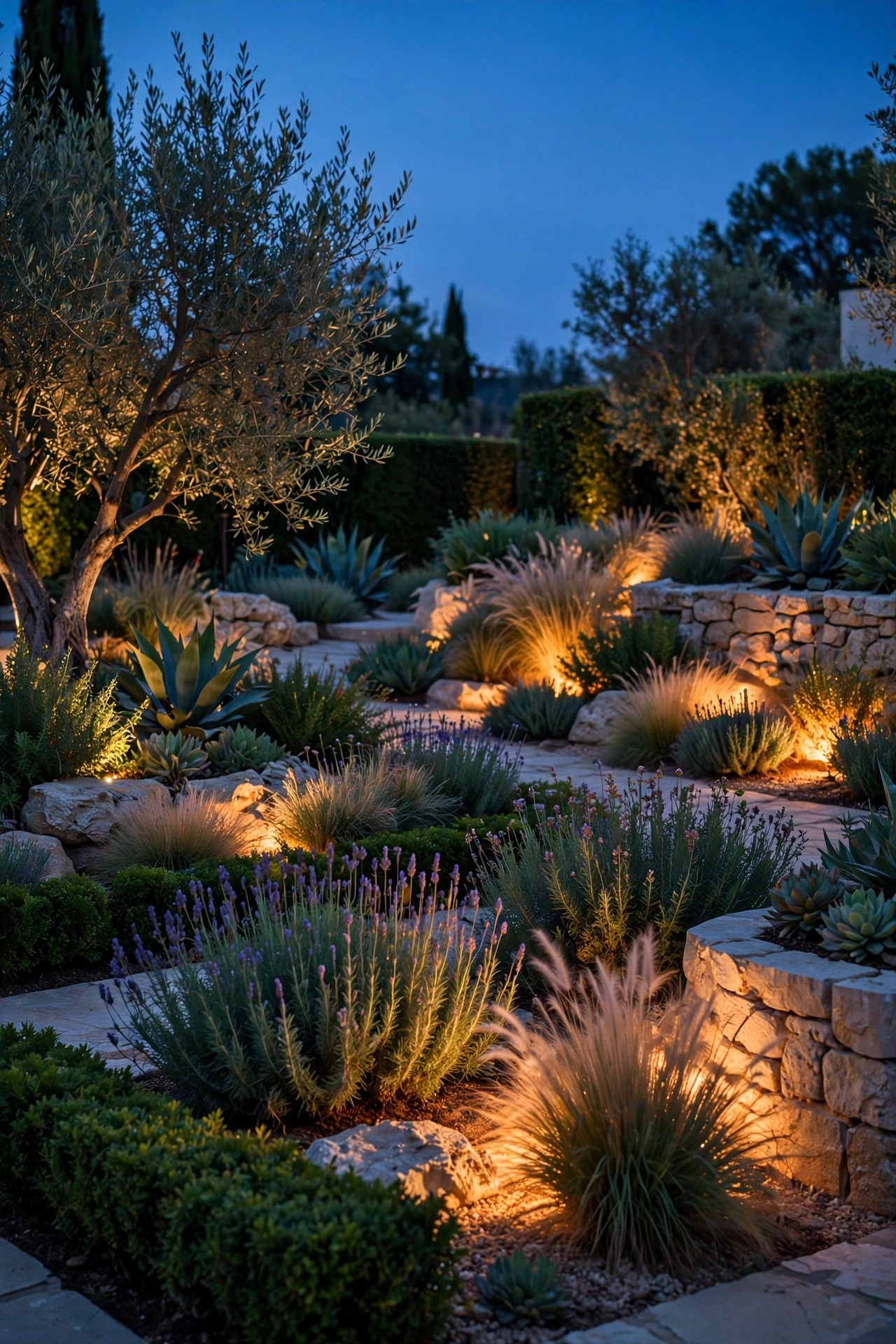 A pristine luxury garden in soft evening light with landscape lighting completely hidden among plants and stone, only warm glow visible at dusk