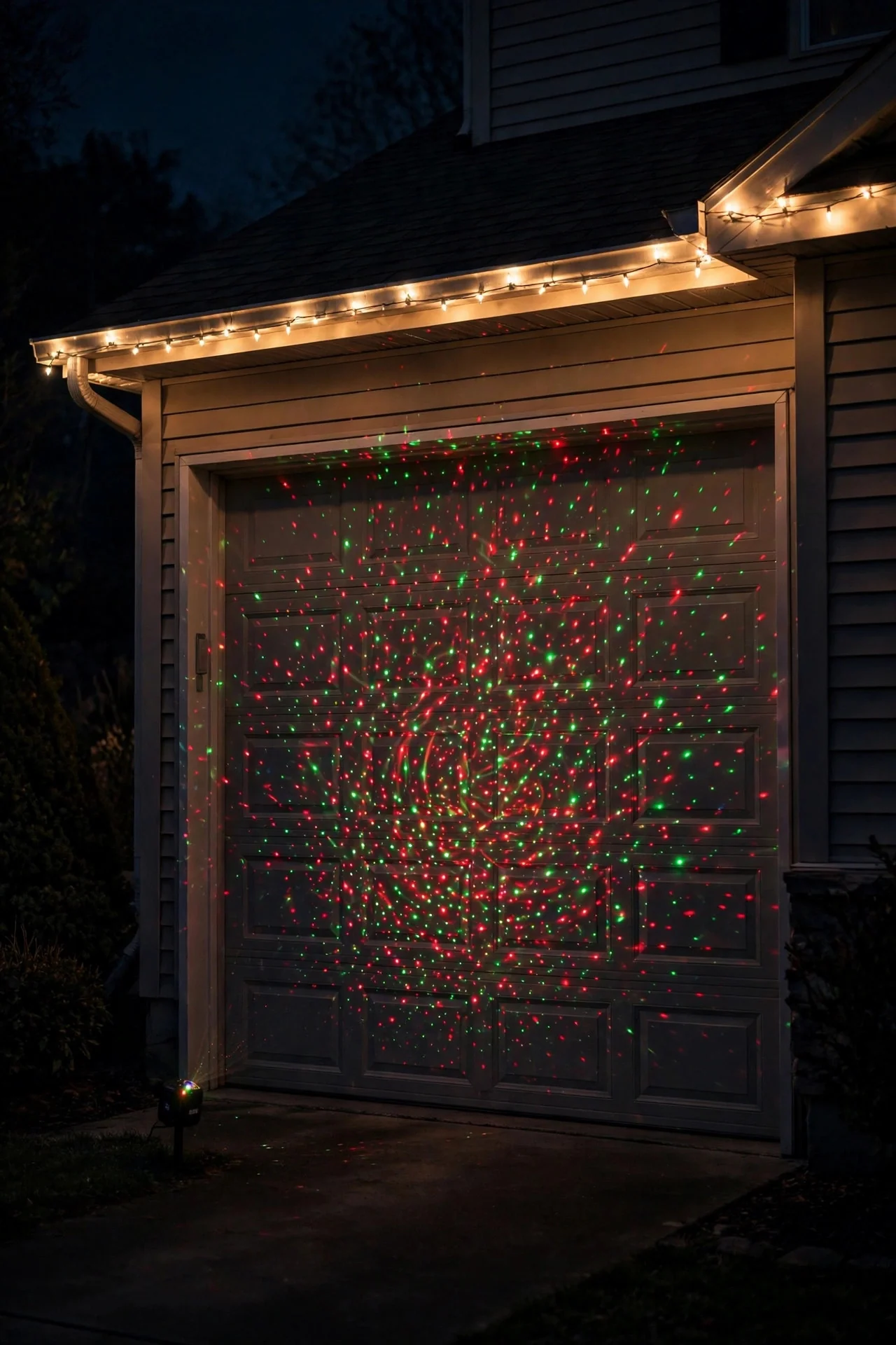 Laser dot Christmas projector swirling red and green dots across a garage door at night