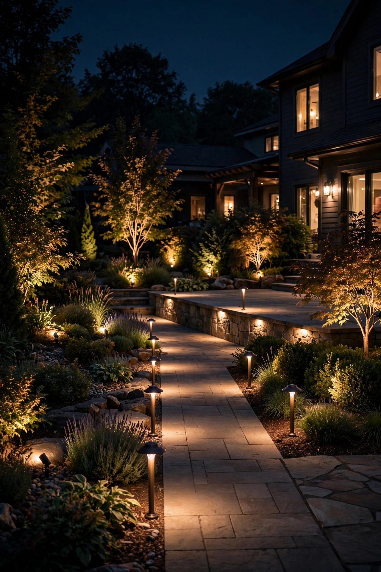 Low-voltage landscape lighting system with path lights and spotlights around a patio at night