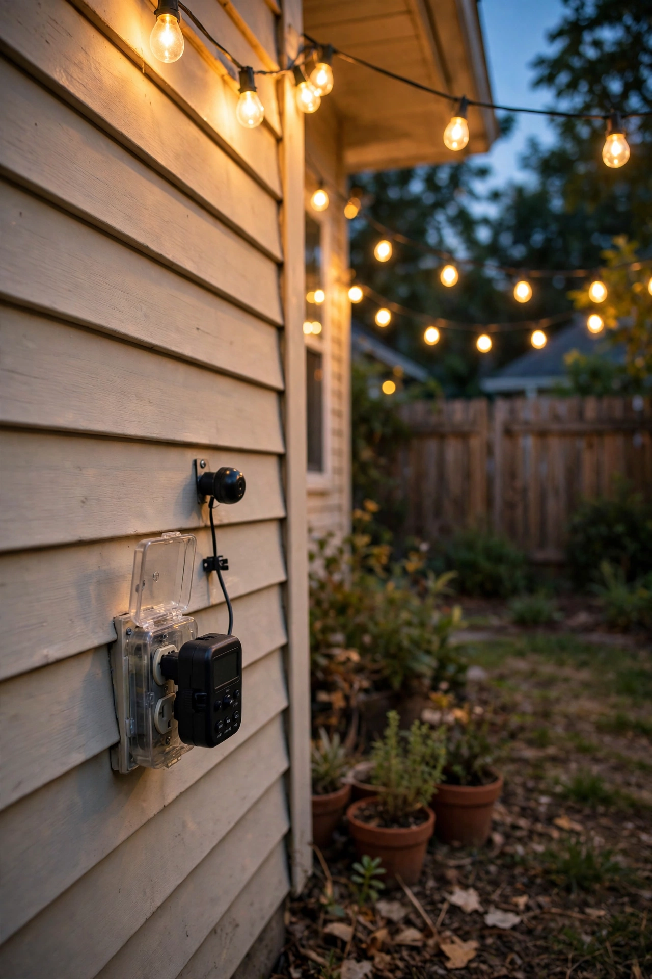 Outdoor digital timer with photocell controlling string lights glowing at dusk