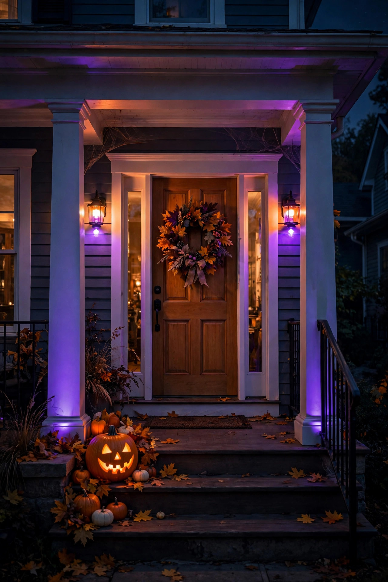 Porch sconces glowing orange and purple for seasonal holiday lighting