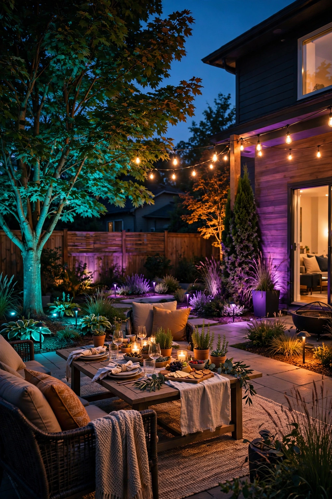 Color-changing smart lights in party zones glowing magenta and teal at a backyard night party