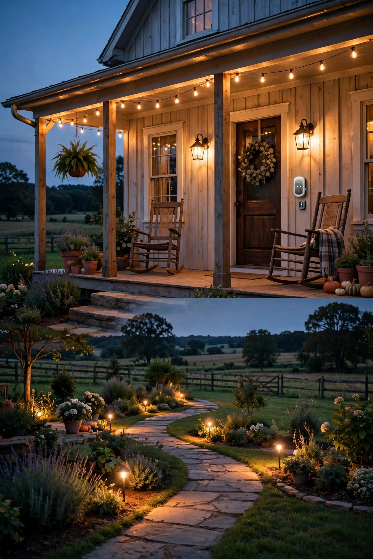 Warm consistent 2700K lighting across a farmhouse porch and yard controlled by smart dimmers