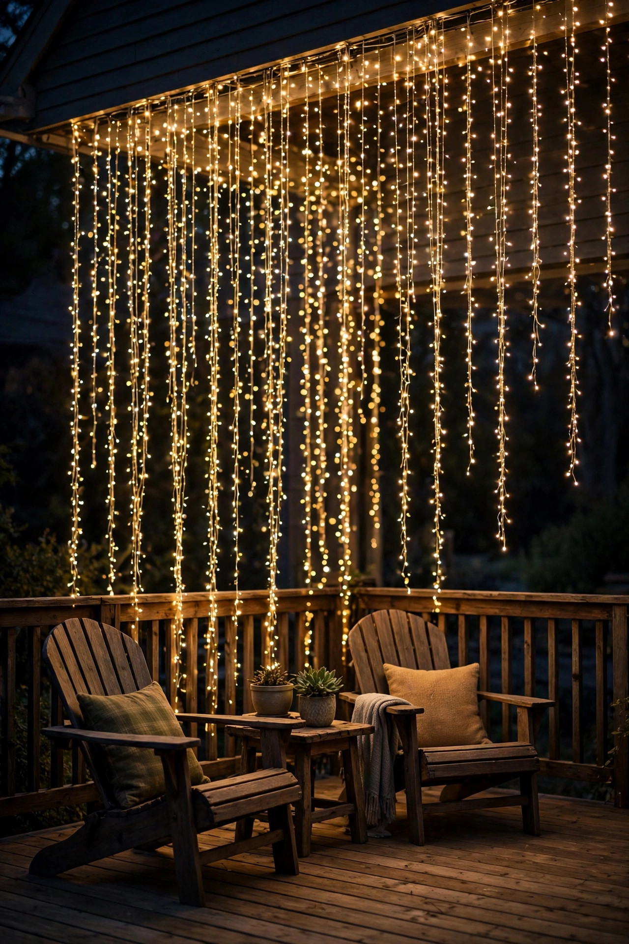 Curtain of tiny warm fairy lights hanging behind deck seating like a glowing waterfall at night