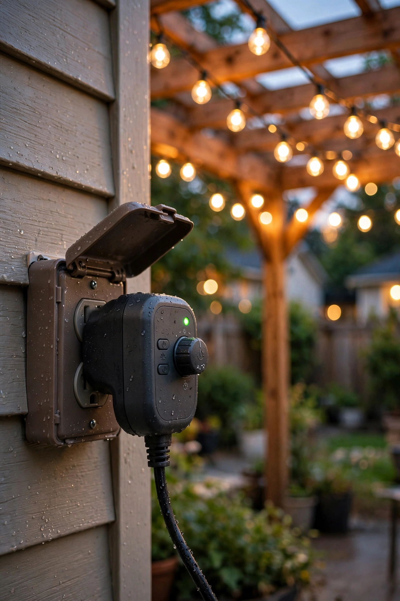 Outdoor timer plug with pergola string lights glowing automatically at dusk