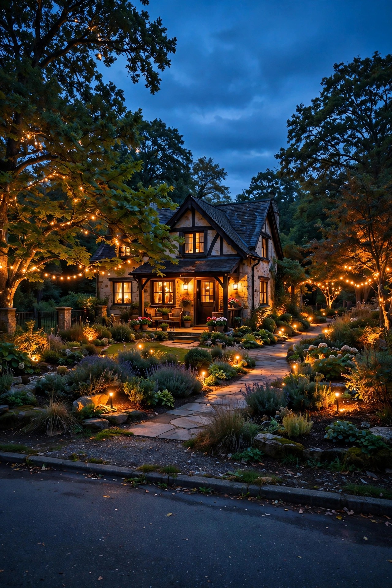 Full cottage yard at dusk seen from the street with layered warm lighting in beds, path, porch, and trees