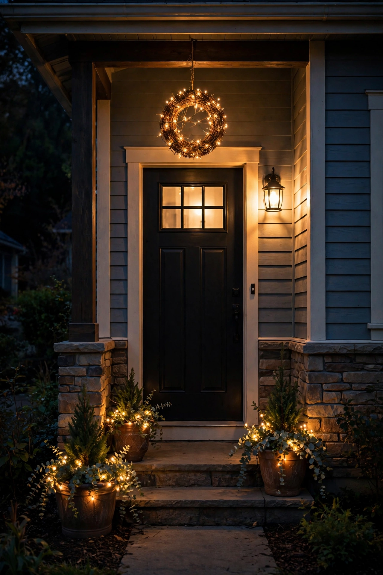 Front entry glowing with porch light, fairy light planters and hanging grapevine ball at night