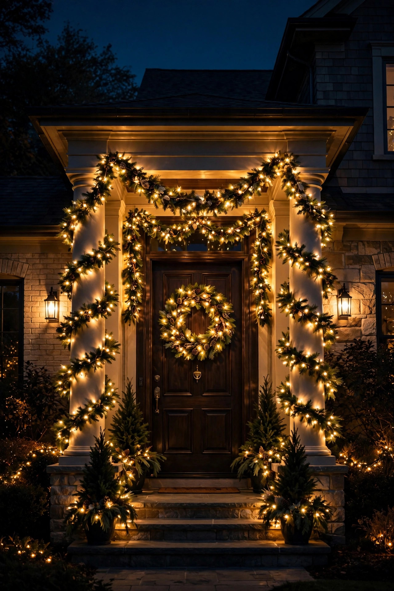 Grand front entry with pre-lit wreath, garland swag and wrapped columns glowing at night