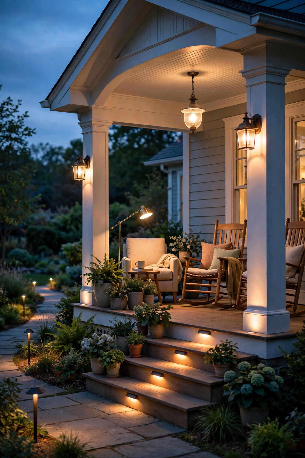 Front porch showcasing layered ambient task and accent lighting at dusk