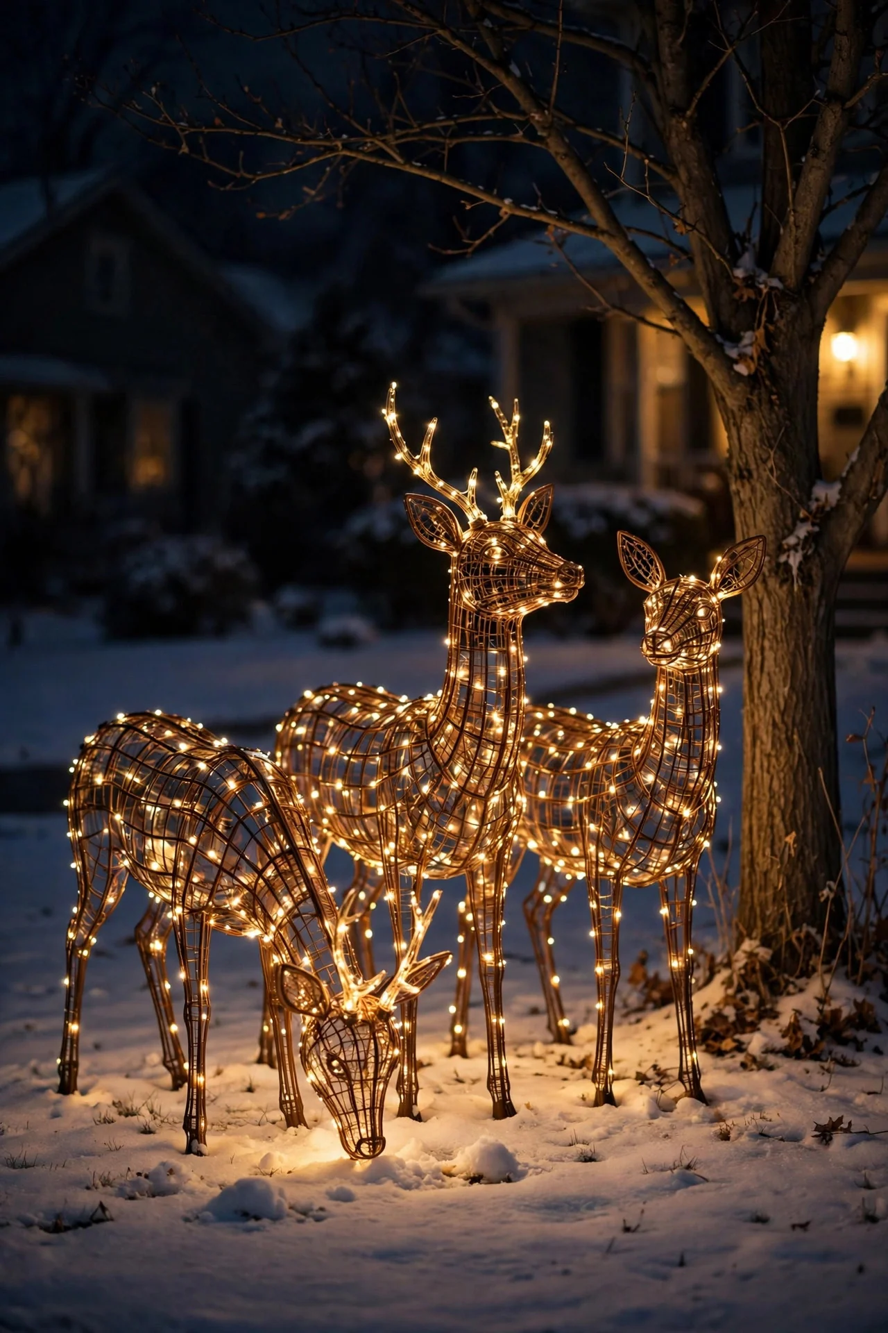 Wire-frame lighted deer figures glowing on a front lawn at night