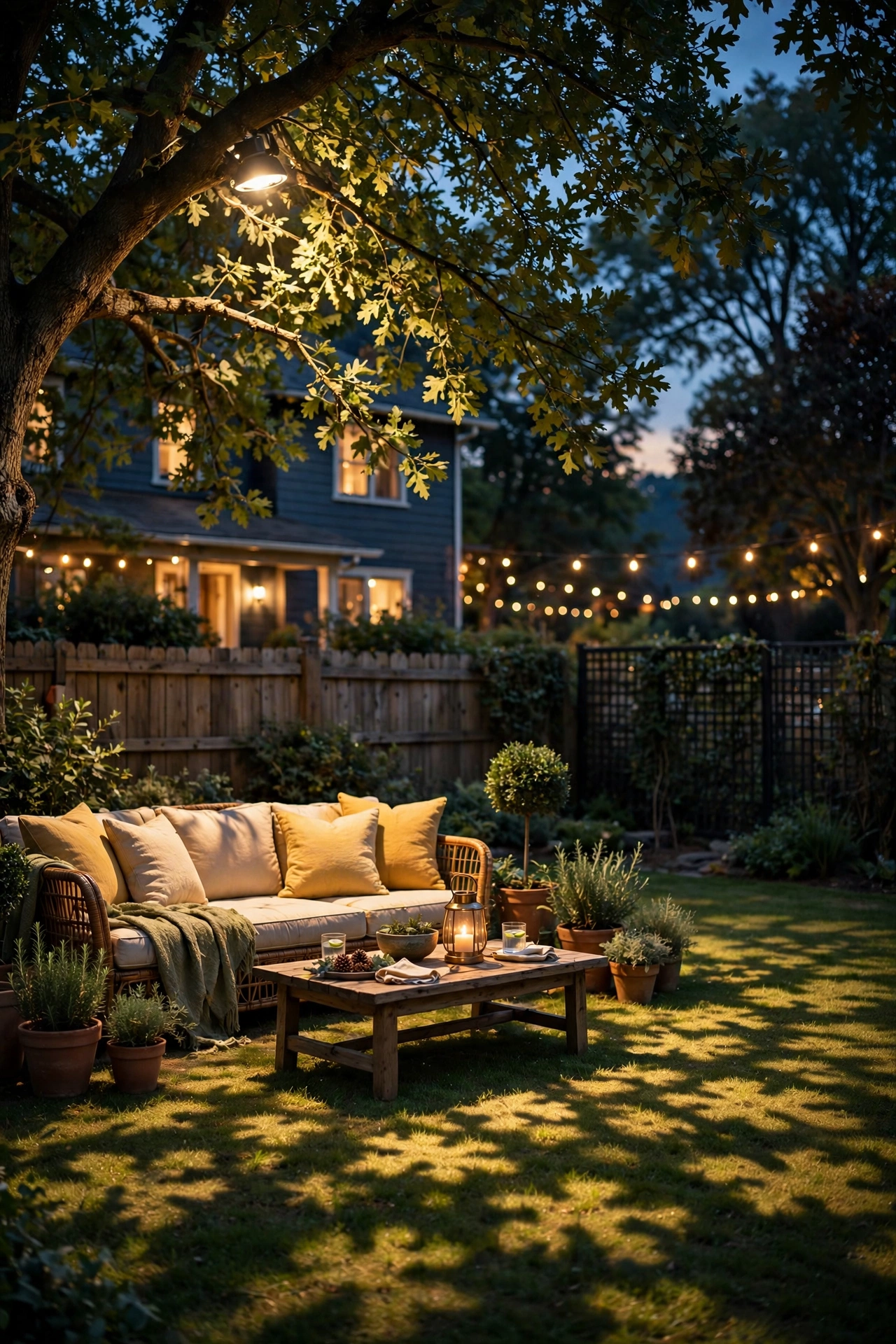 Moonlighting effect from a tree spotlight dappling light through branches onto a party lawn