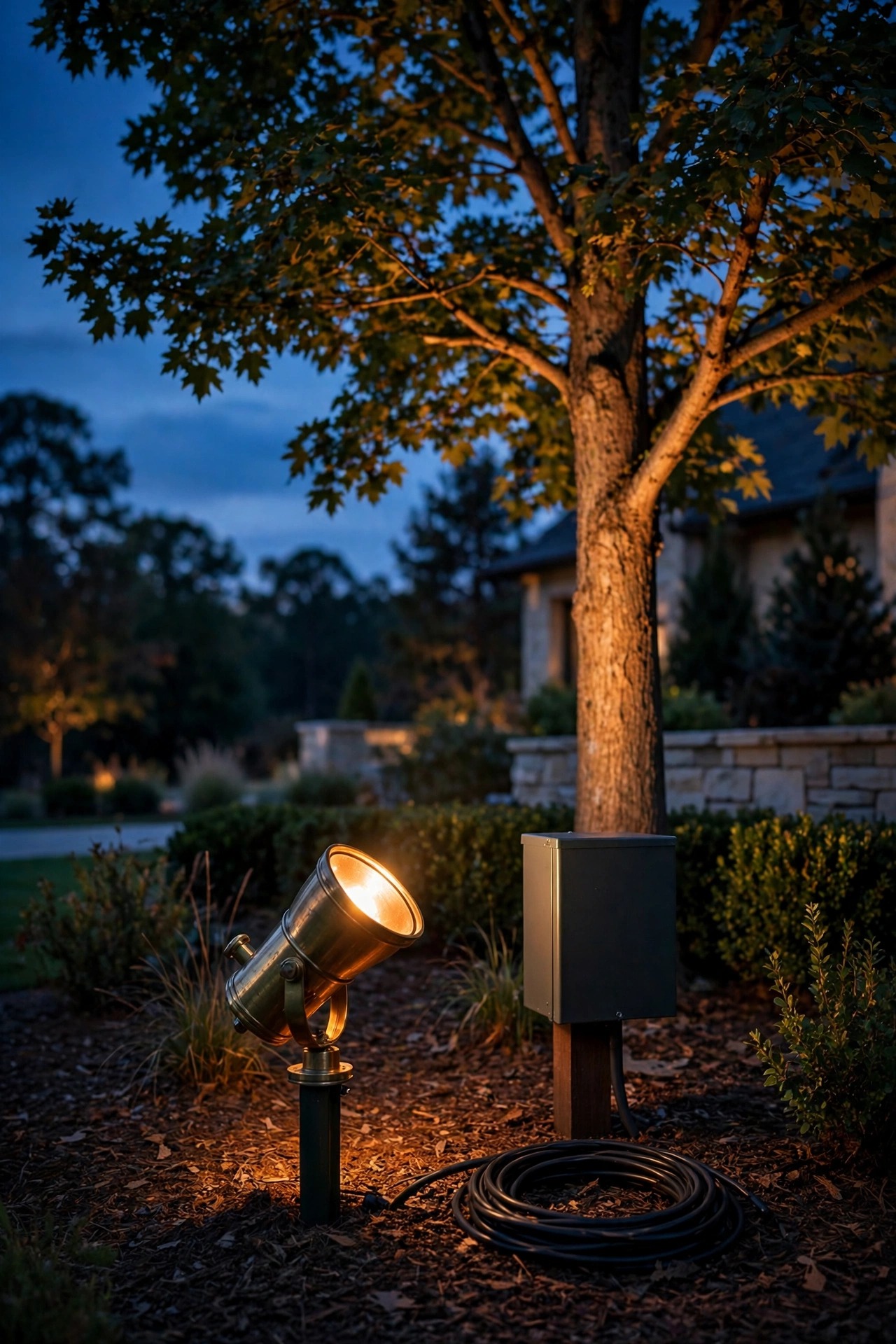 A professional lighting installer aiming a brass spotlight at dusk on a luxury property, with a layered lighting plan and transformer nearby