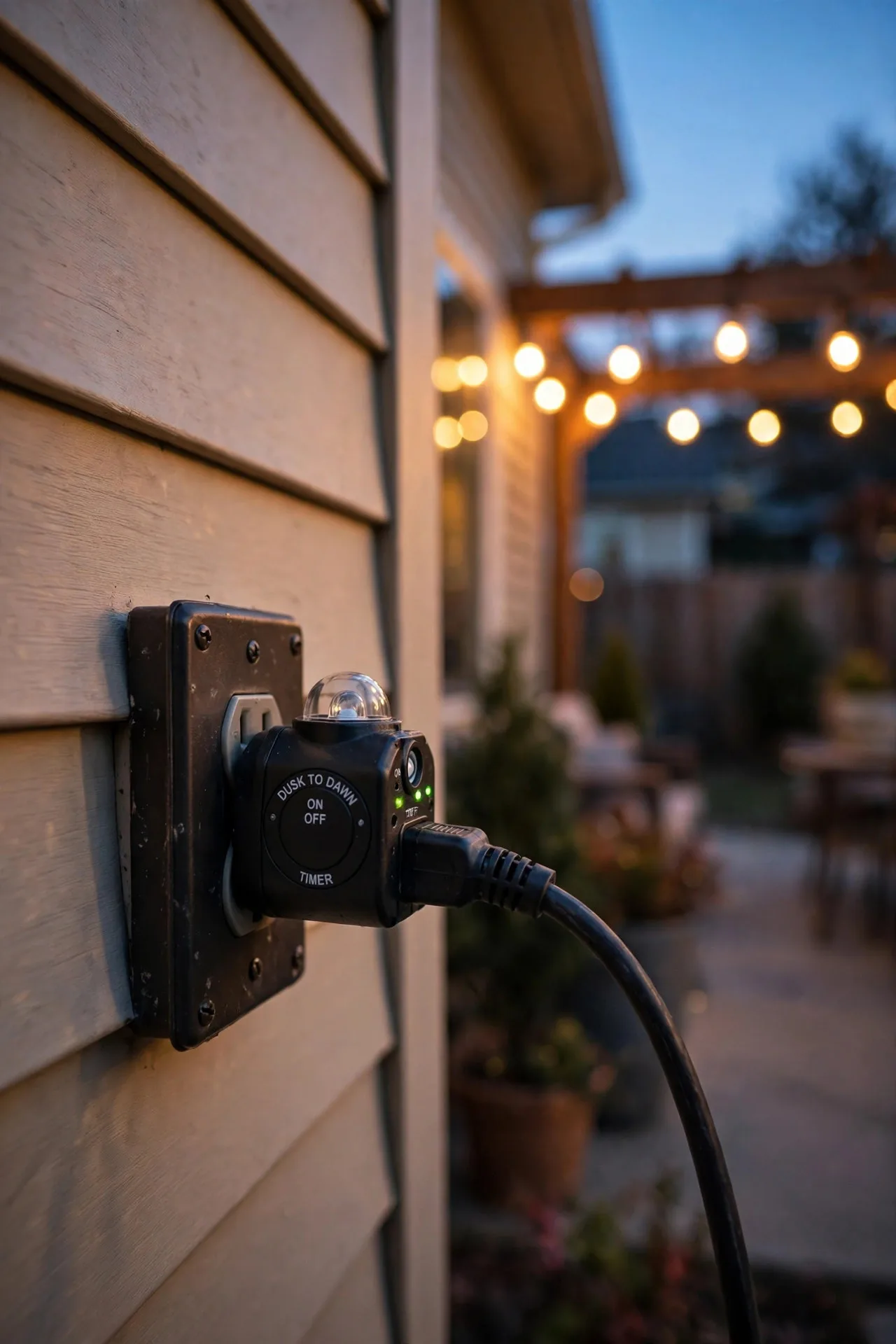 Outdoor dusk-to-dawn timer controlling summer patio lighting automatically