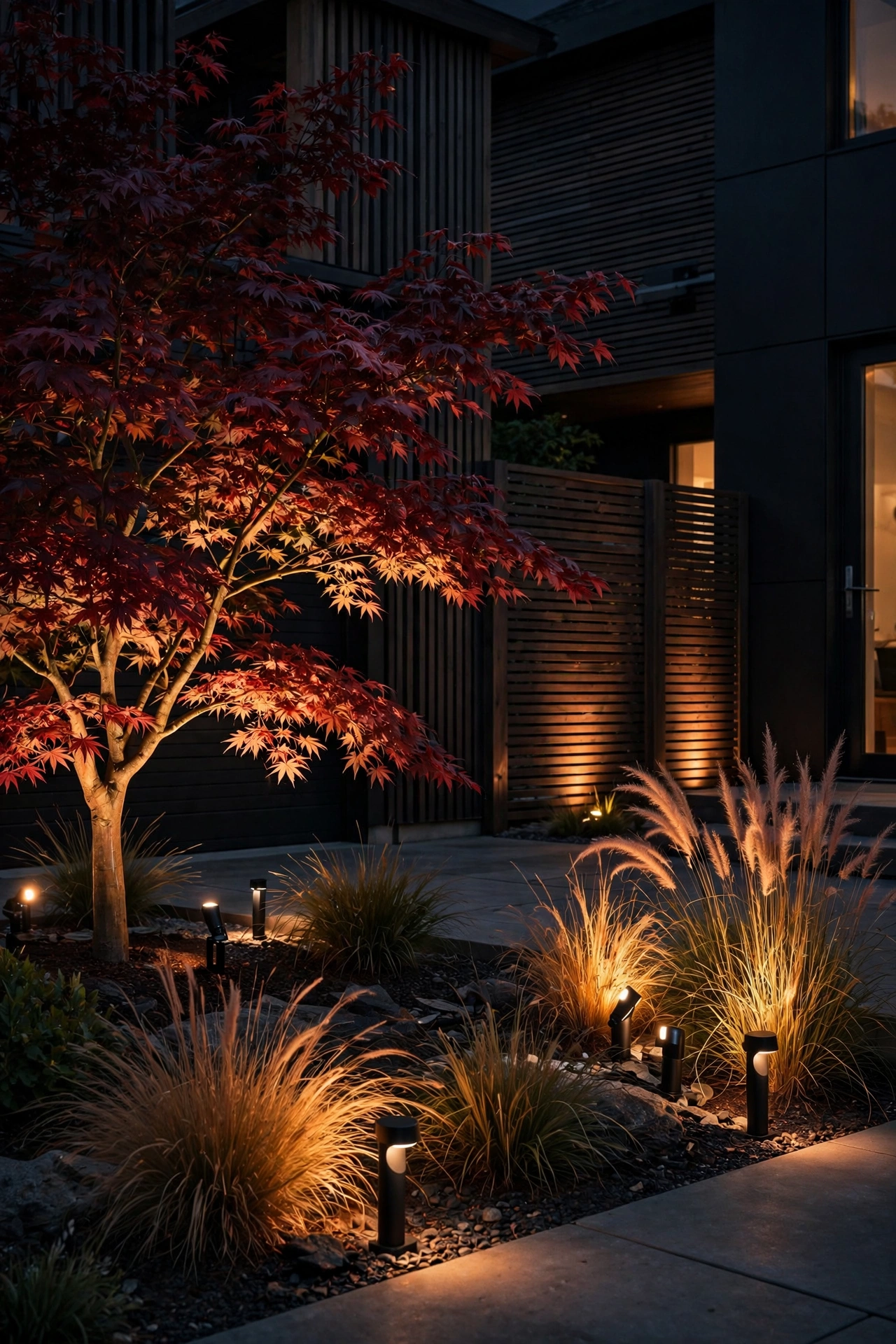 App-controlled smart spotlights uplighting patio landscaping in warm tones at night