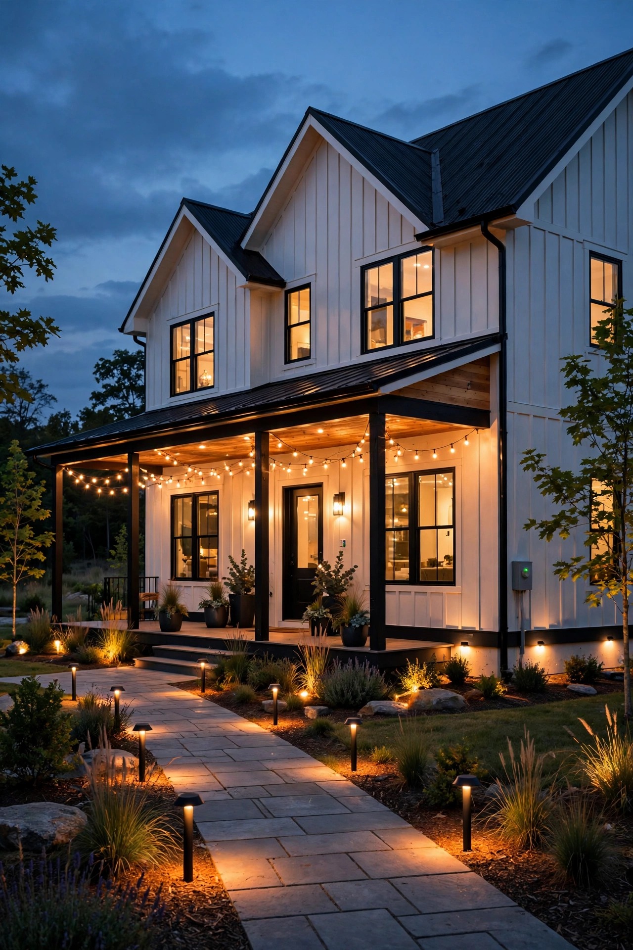 Whole modern farmhouse exterior glowing on timers at dusk with porch, path, and accent lights