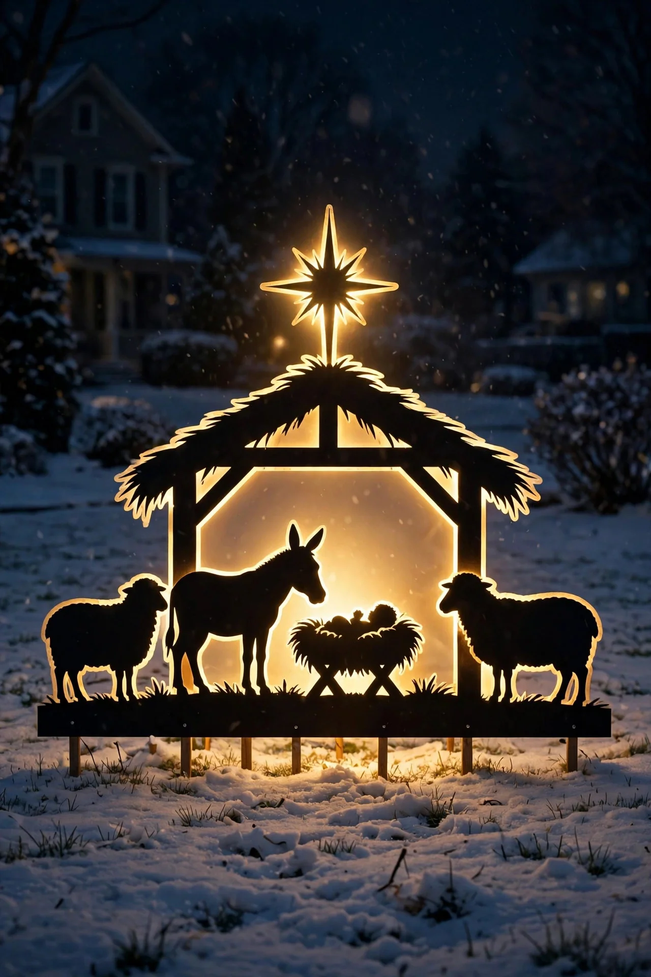 Backlit nativity silhouette scene glowing on a front lawn at Christmas night