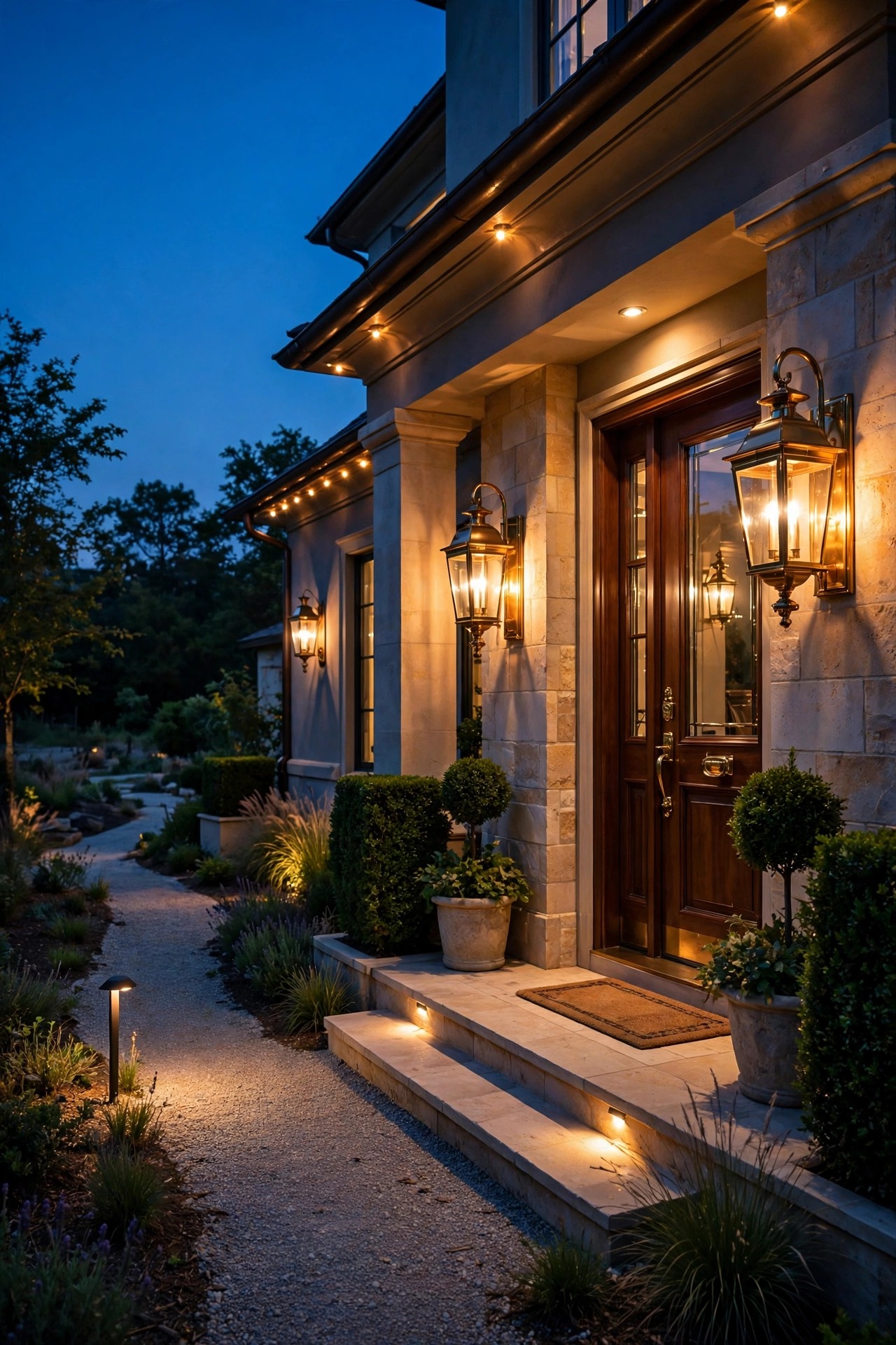 A luxury front entry with premium brass lanterns and layered lighting beside a simply lit side garden path, showing where to splurge and where to save