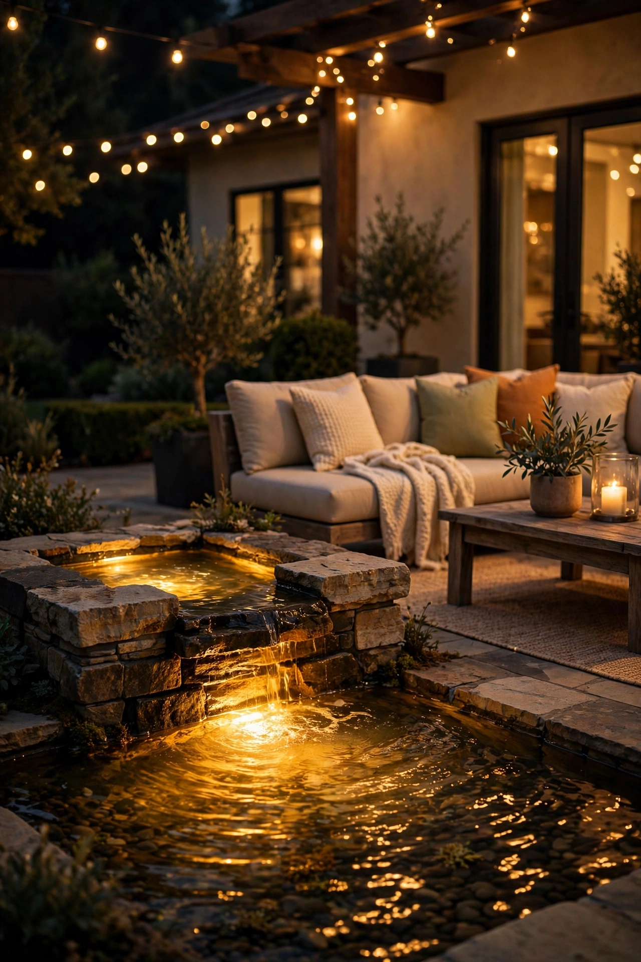 Small patio fountain with underwater LED light glowing at night beside seating