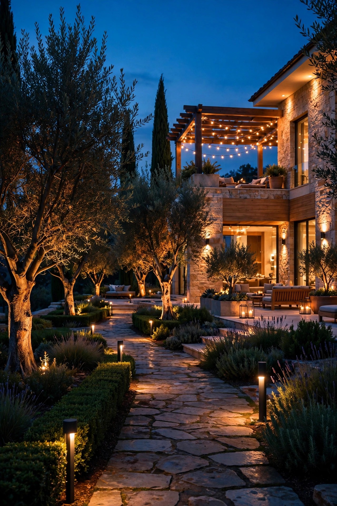 A homeowner walking a stone garden path at dusk reviewing a complete luxury outdoor lighting scheme, warm layered light across facade, trees, and terrace
