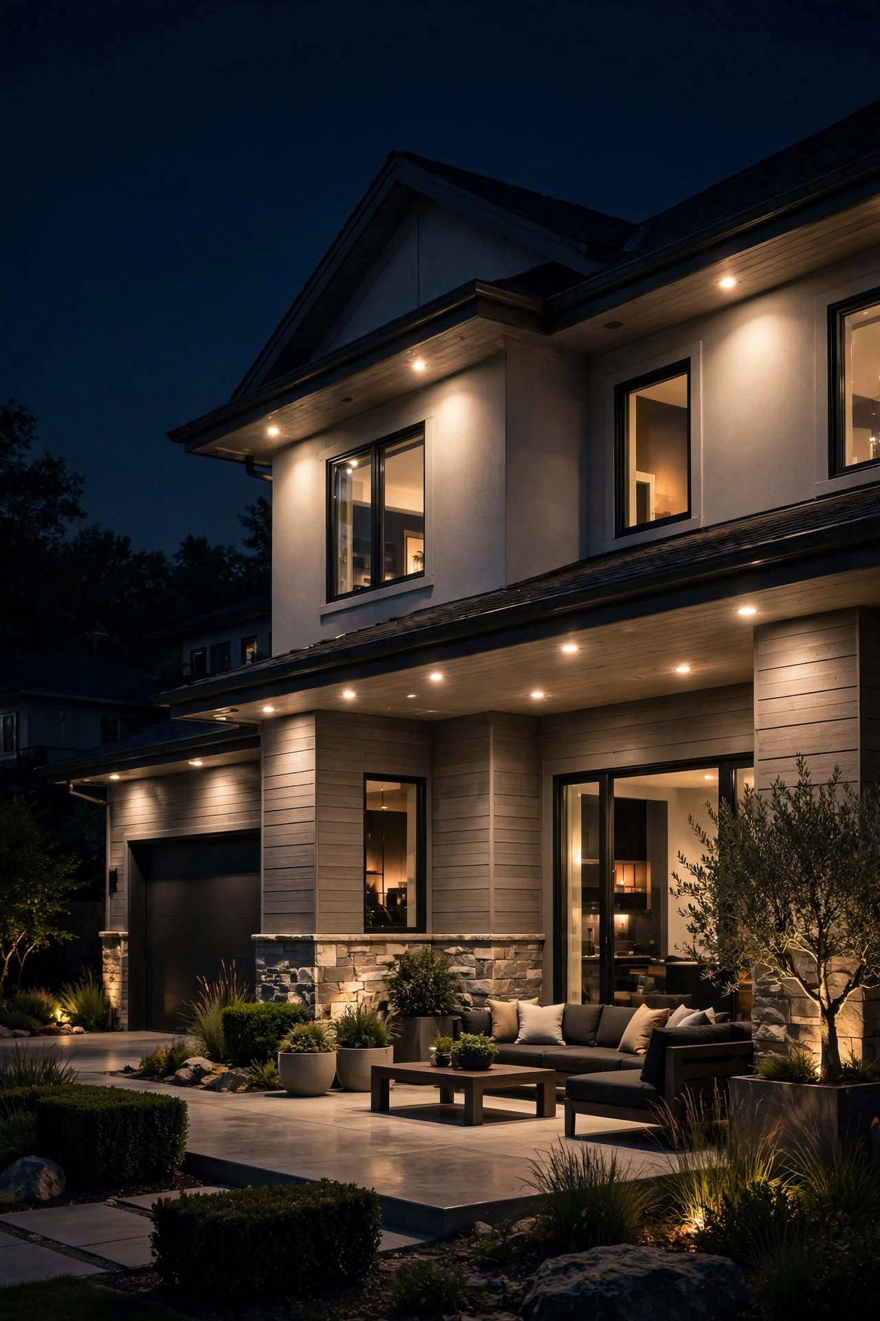 Recessed soffit downlights washing a patio in warm even light at night