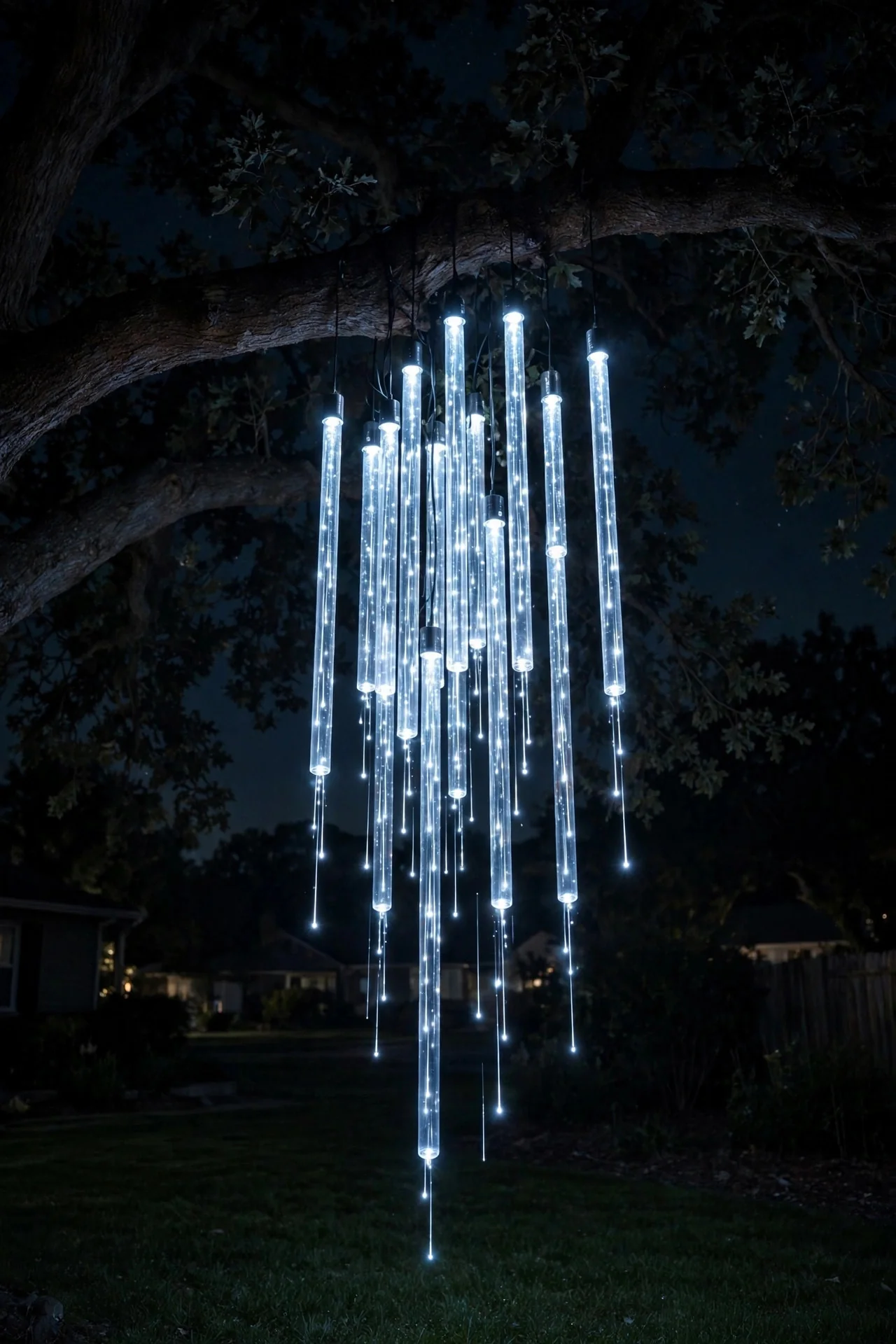 Meteor shower tube Christmas lights appearing to fall from a tree branch at night