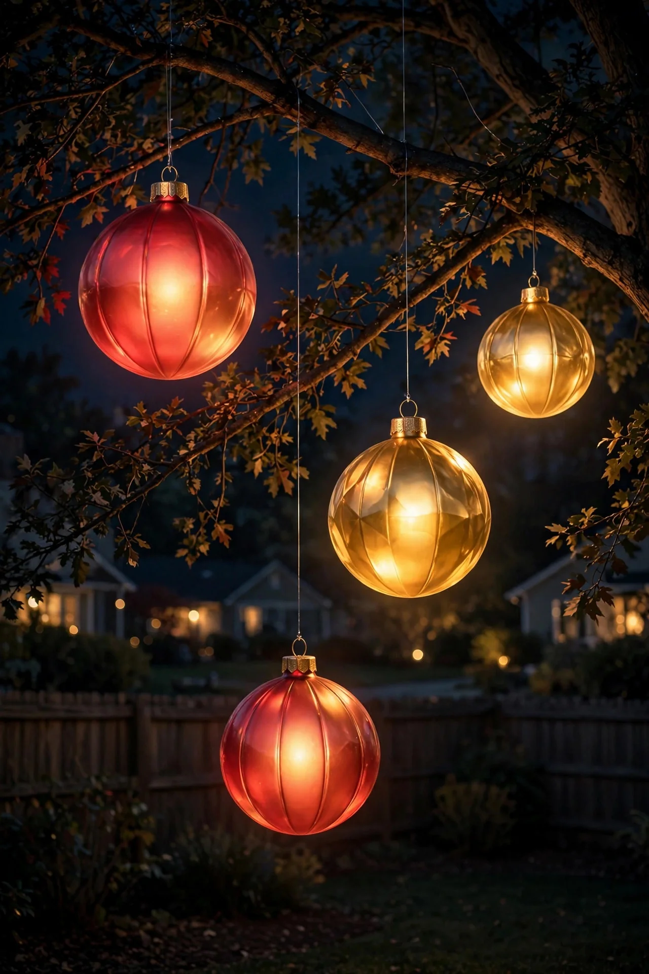 Oversized glowing Christmas ornaments hanging from tree branches at night