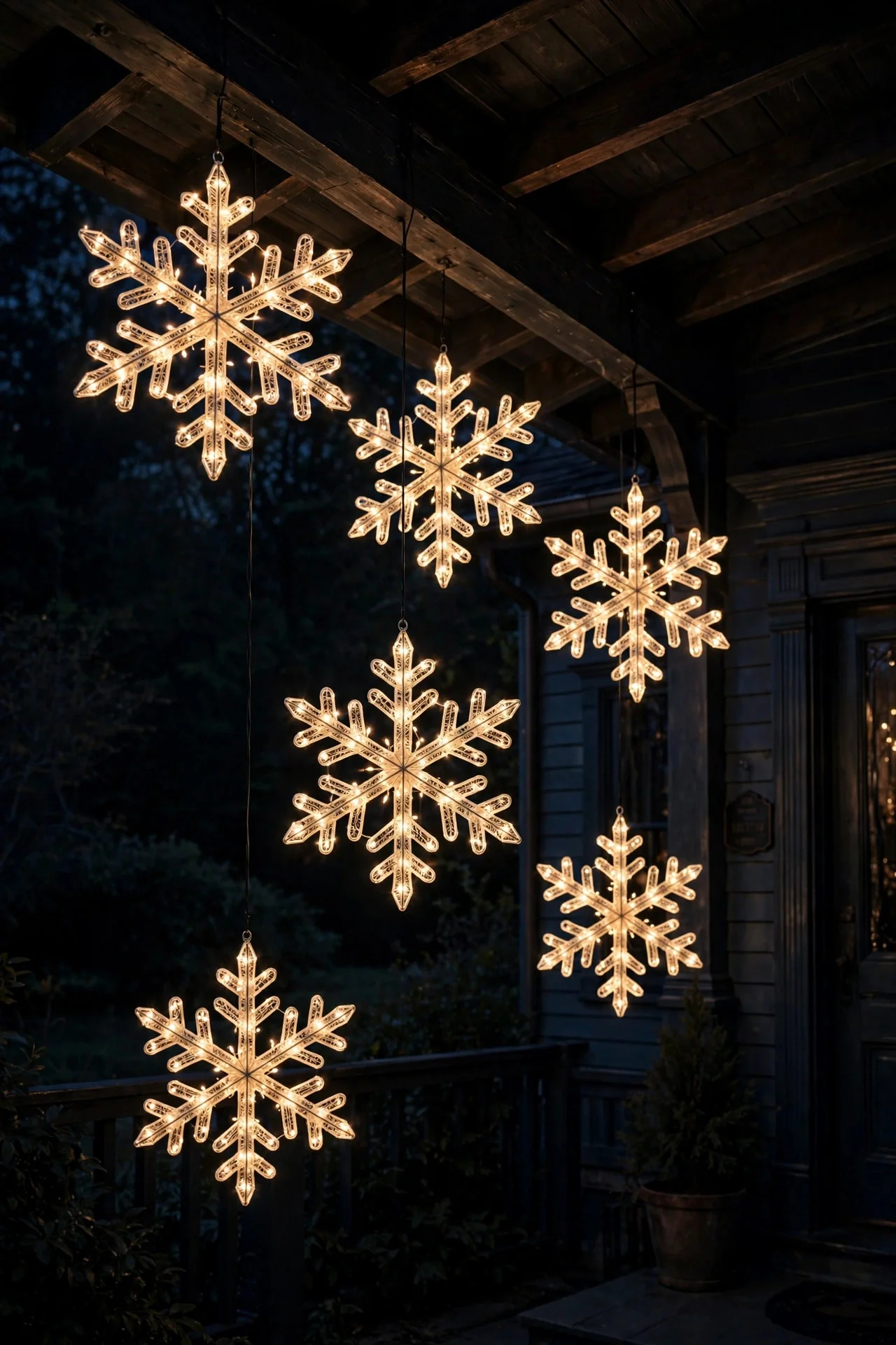 Lit snowflake ornaments hanging at varying heights from a porch eave at night