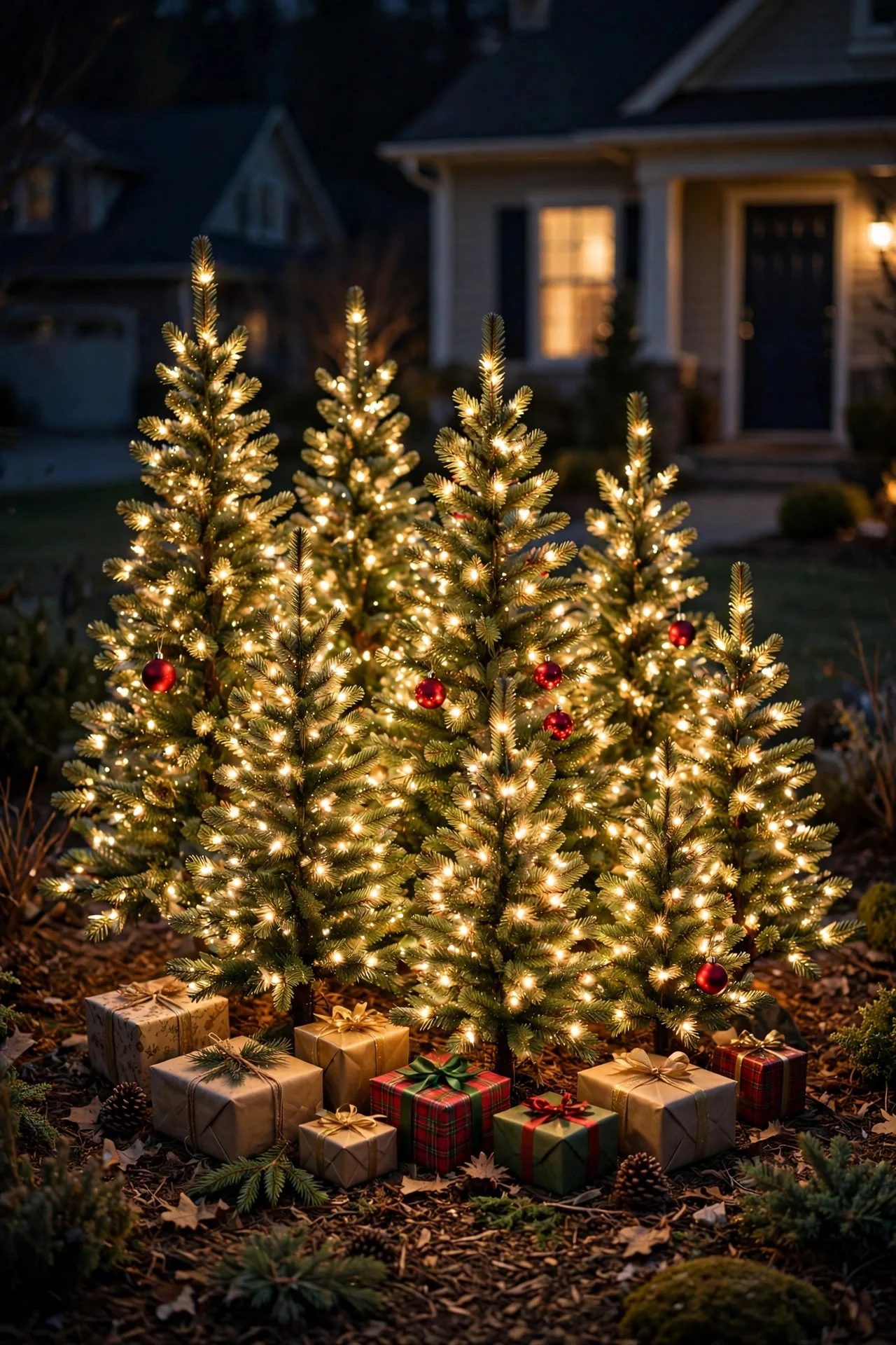Cluster of small lit Christmas trees forming a glowing forest in a front yard bed at night