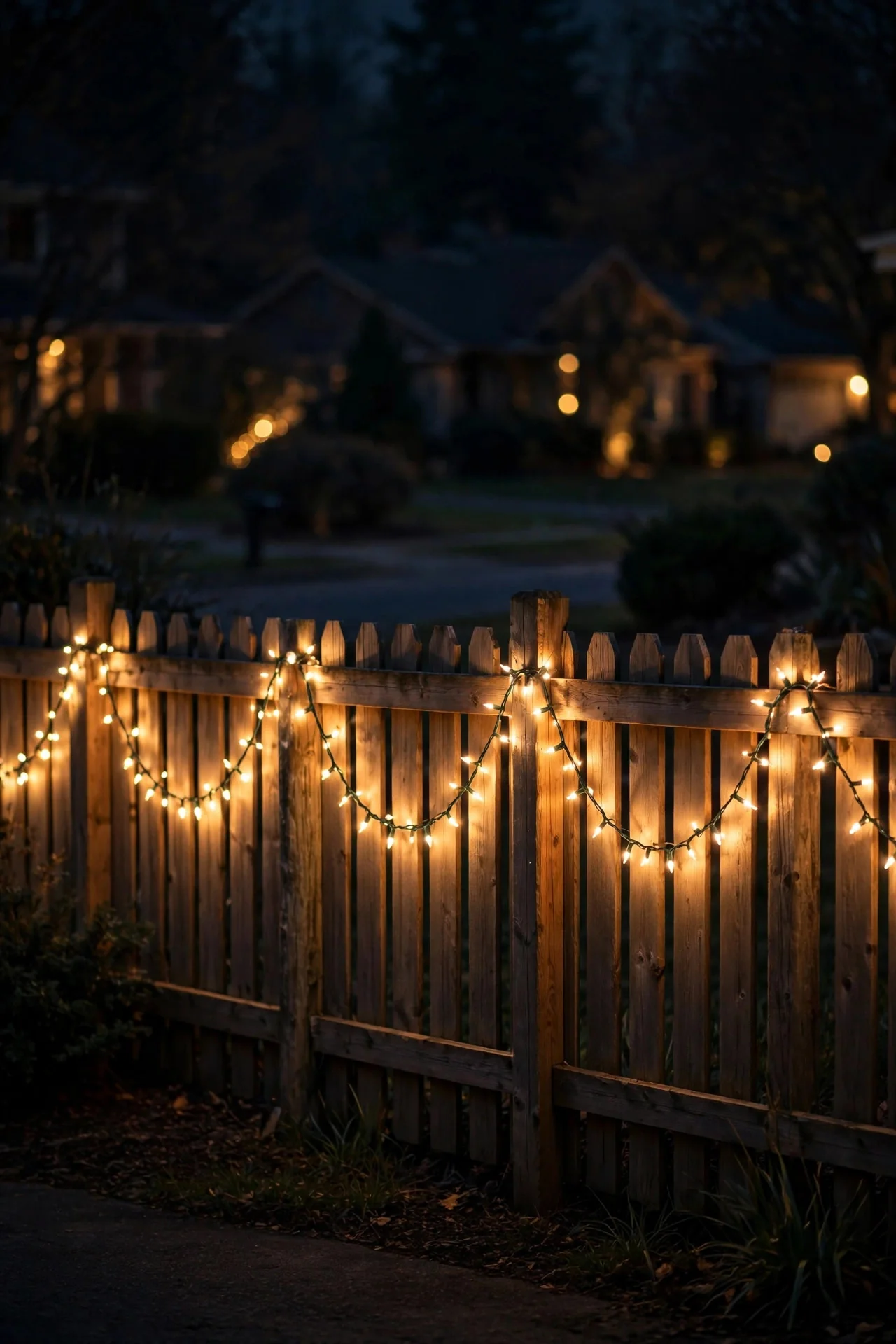 Warm-white string Christmas lights swagged along a front yard fence at night