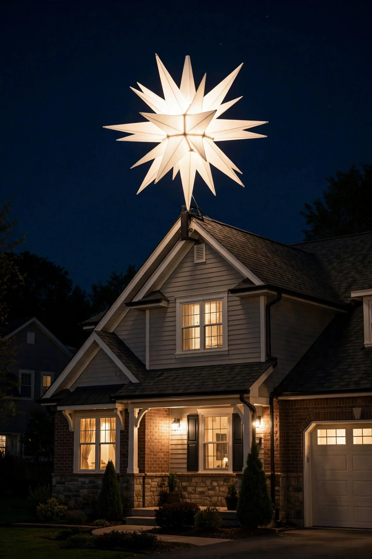 Large lit Moravian star mounted on a house roof peak glowing at night