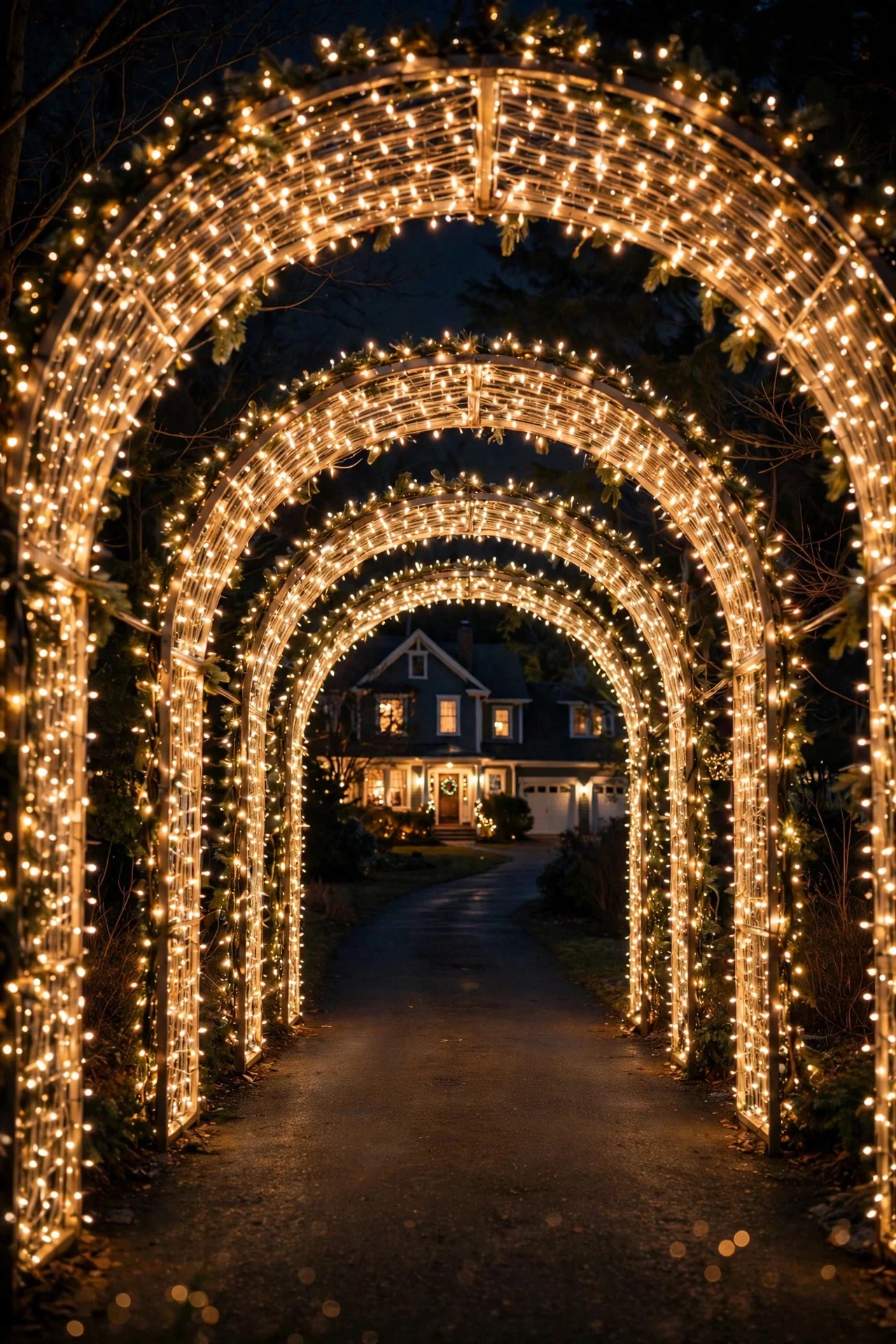 Driveway arches wrapped in Christmas lights forming a glowing tunnel at night