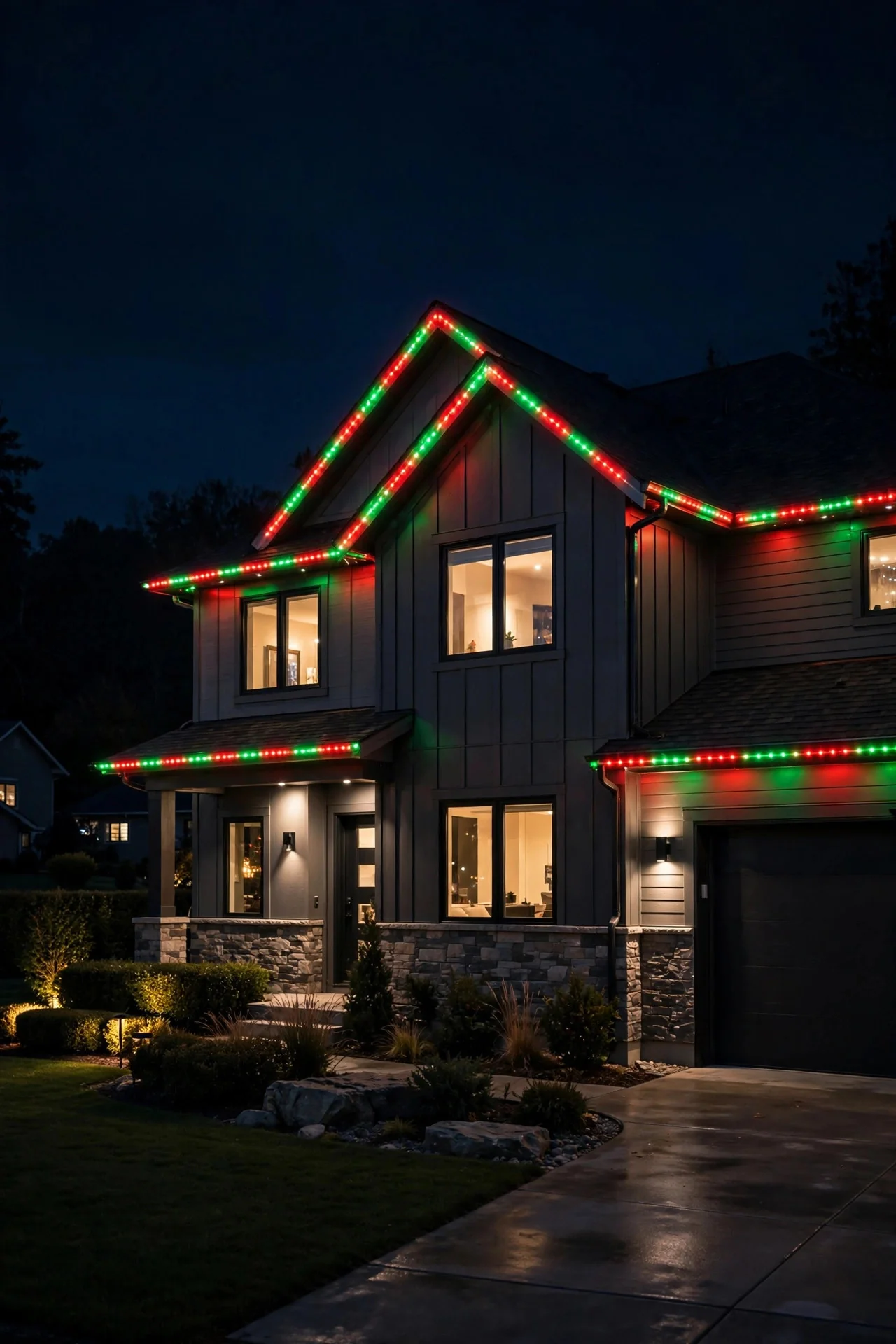House with permanent year-round eave lights glowing in Christmas red and green at night