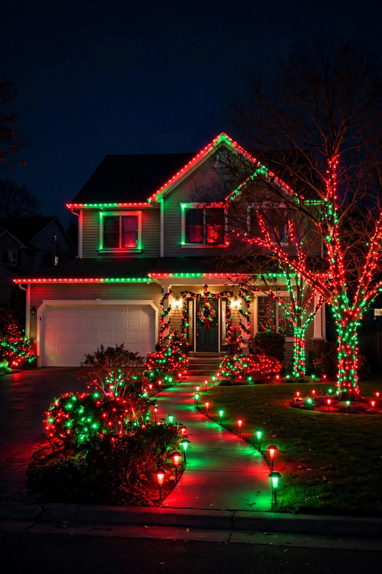 Whole-yard smart Christmas light display with color-changing roofline and trees glowing red and green at night