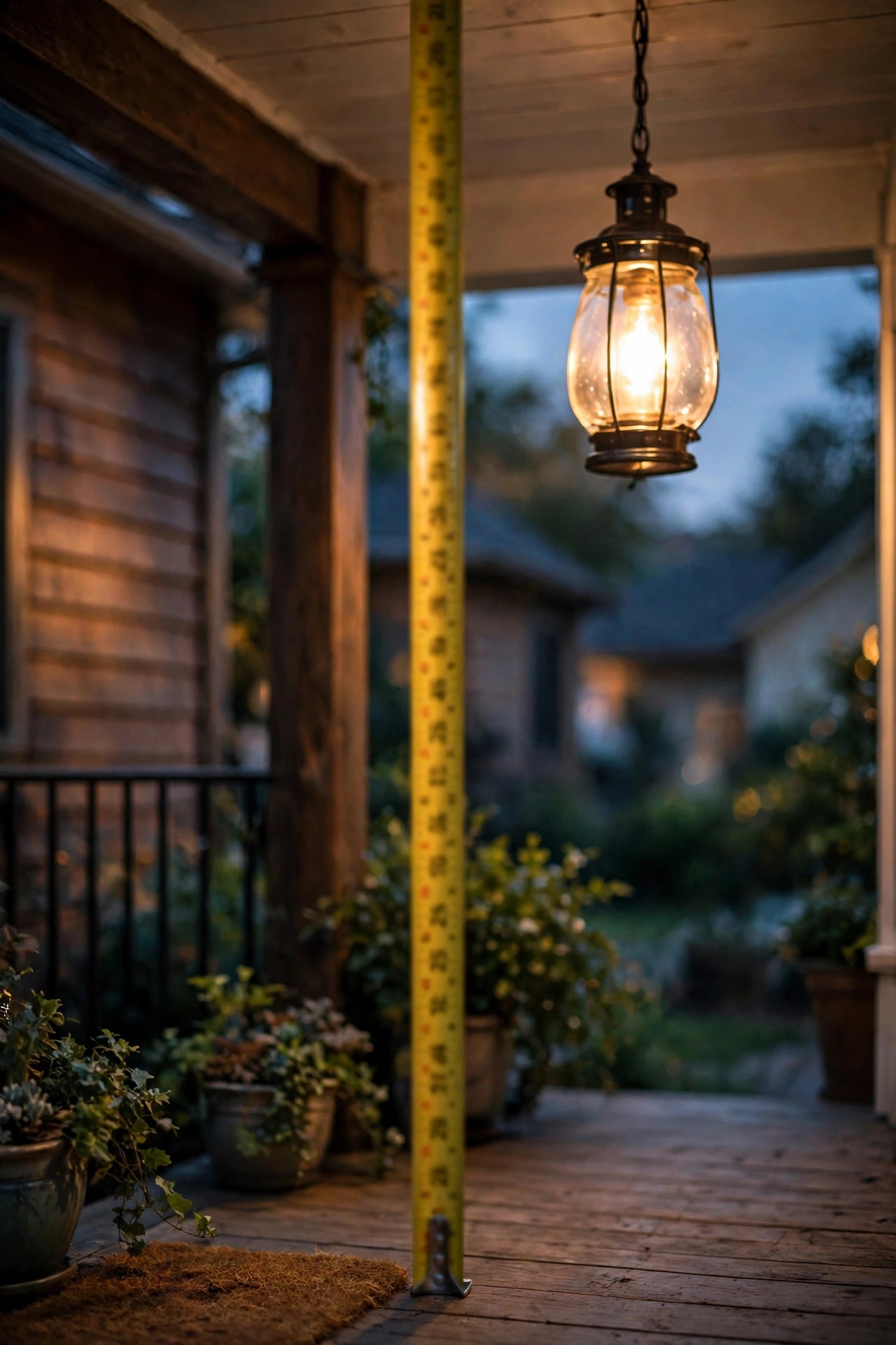 Tape measure stretched from porch floor to ceiling beside a glowing pendant lantern at dusk, cozy American front porch with warm light