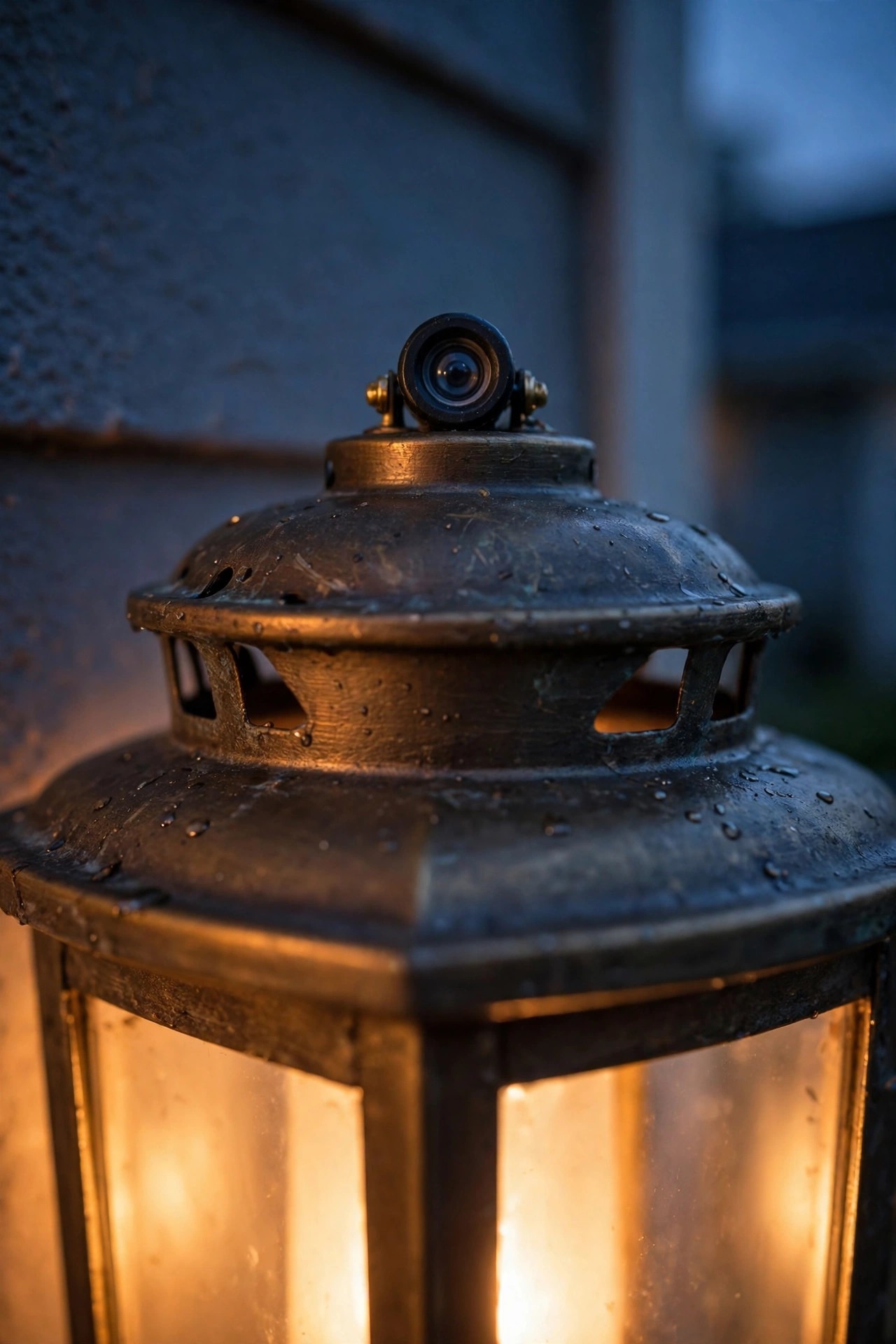 Close view of a small round photocell sensor eye built into the top of a warm glowing porch lantern at twilight