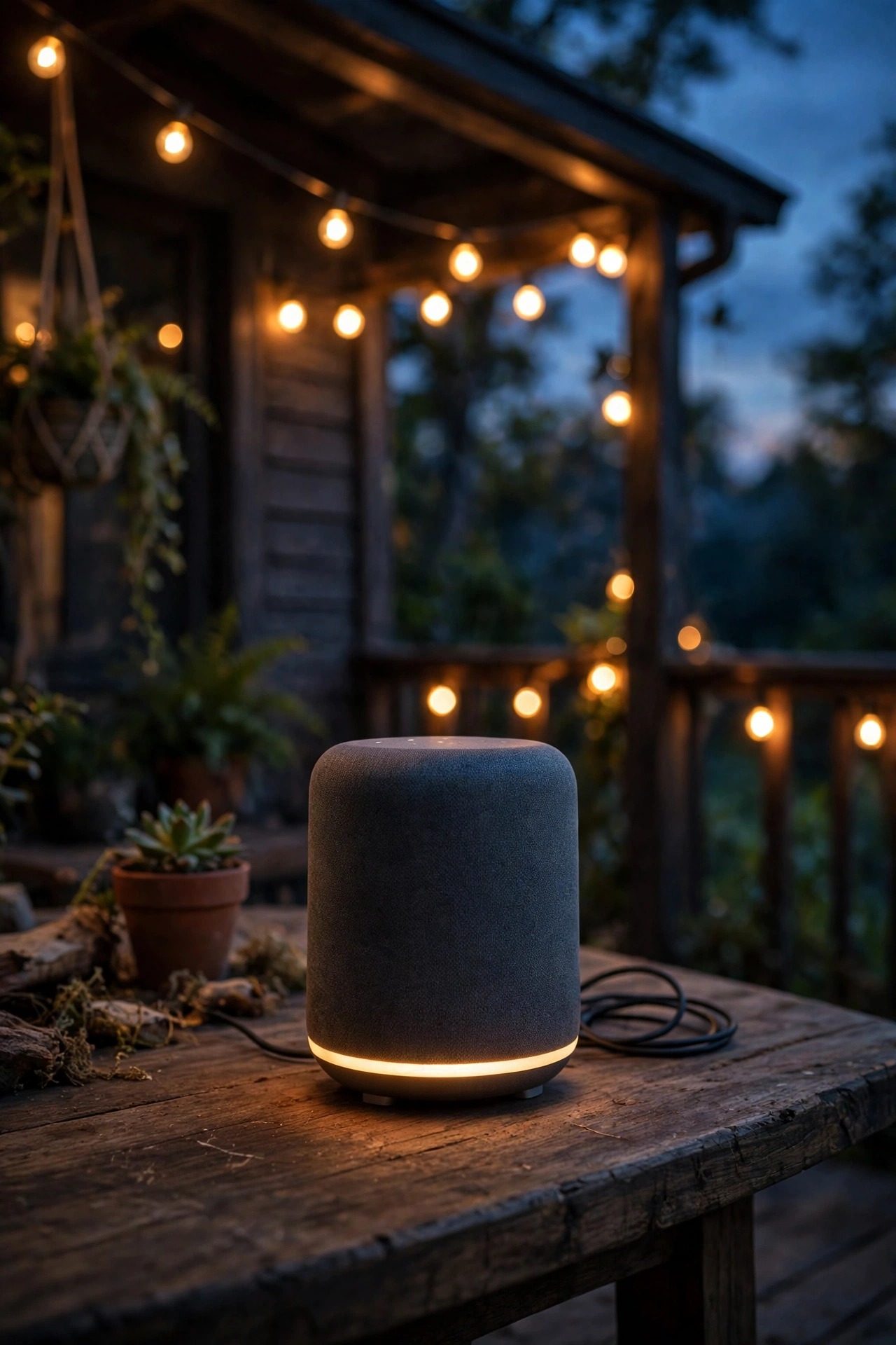 Smart speaker on a porch table at dusk with warm porch and string lights glowing behind it, the heart of a voice controlled lighting setup