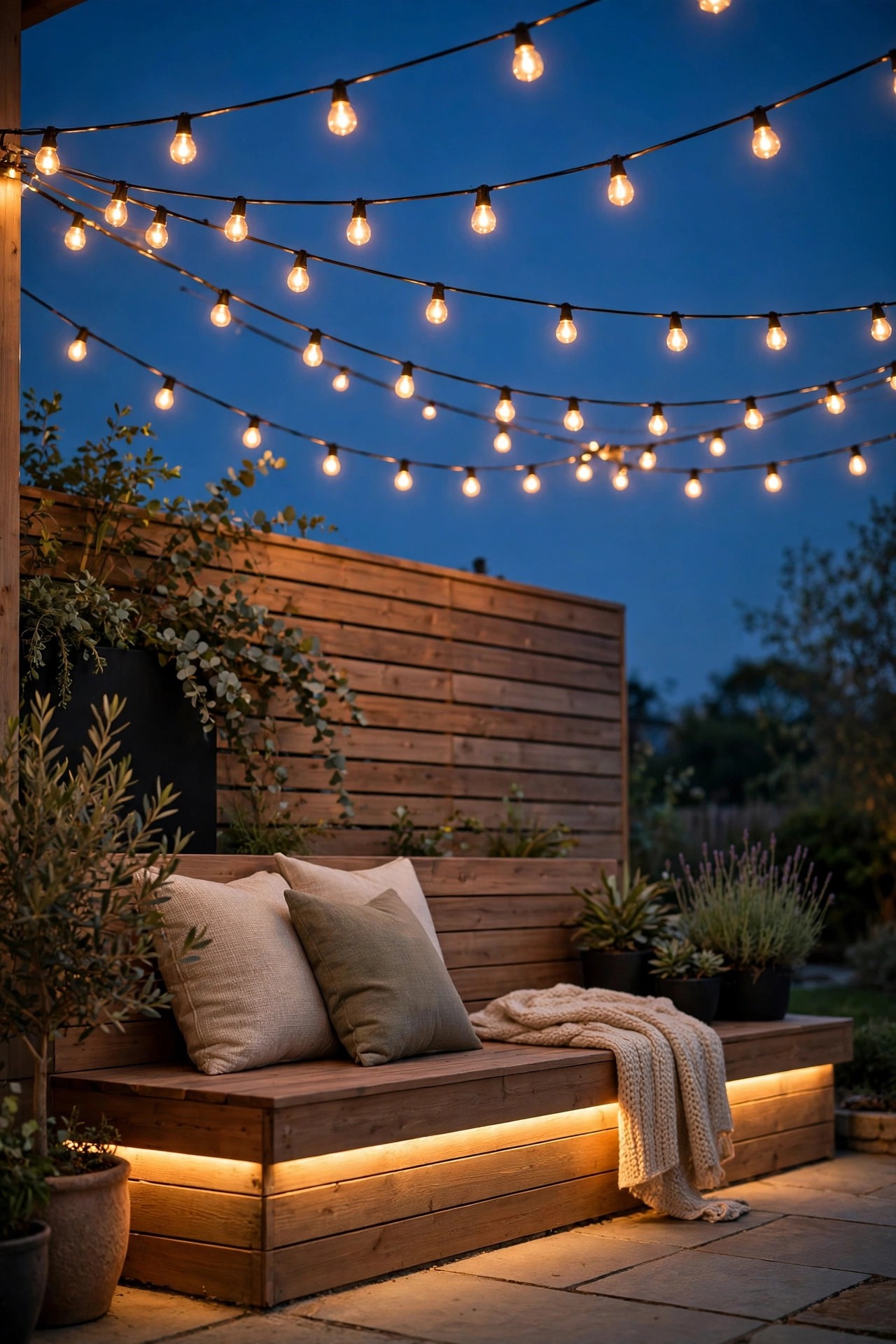 Layered patio lighting at dusk with a string light canopy overhead and rope light glowing beneath a built-in bench