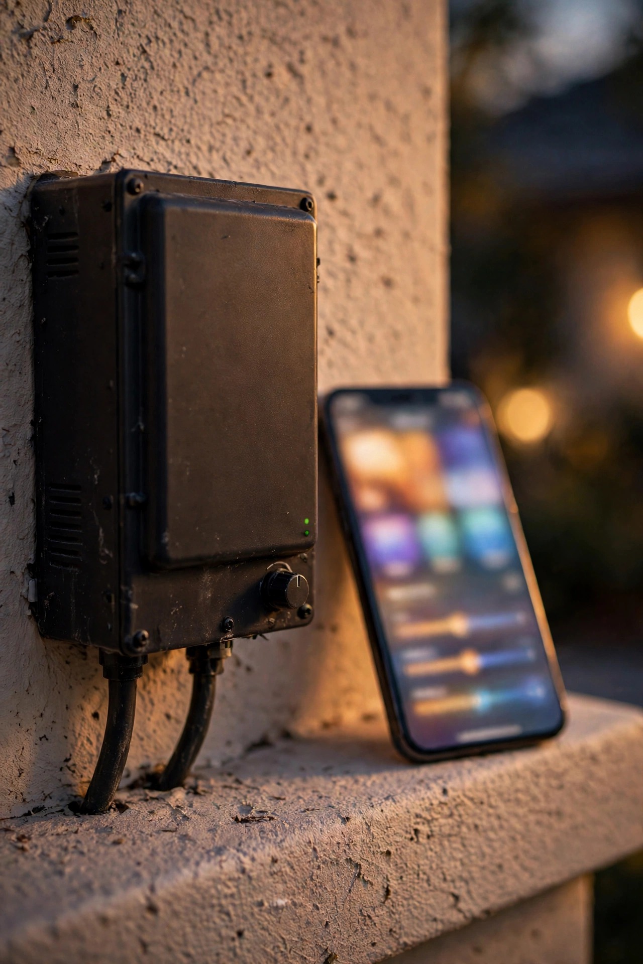 Close-up of a smart landscape lighting transformer with a phone app showing lighting zones and schedules