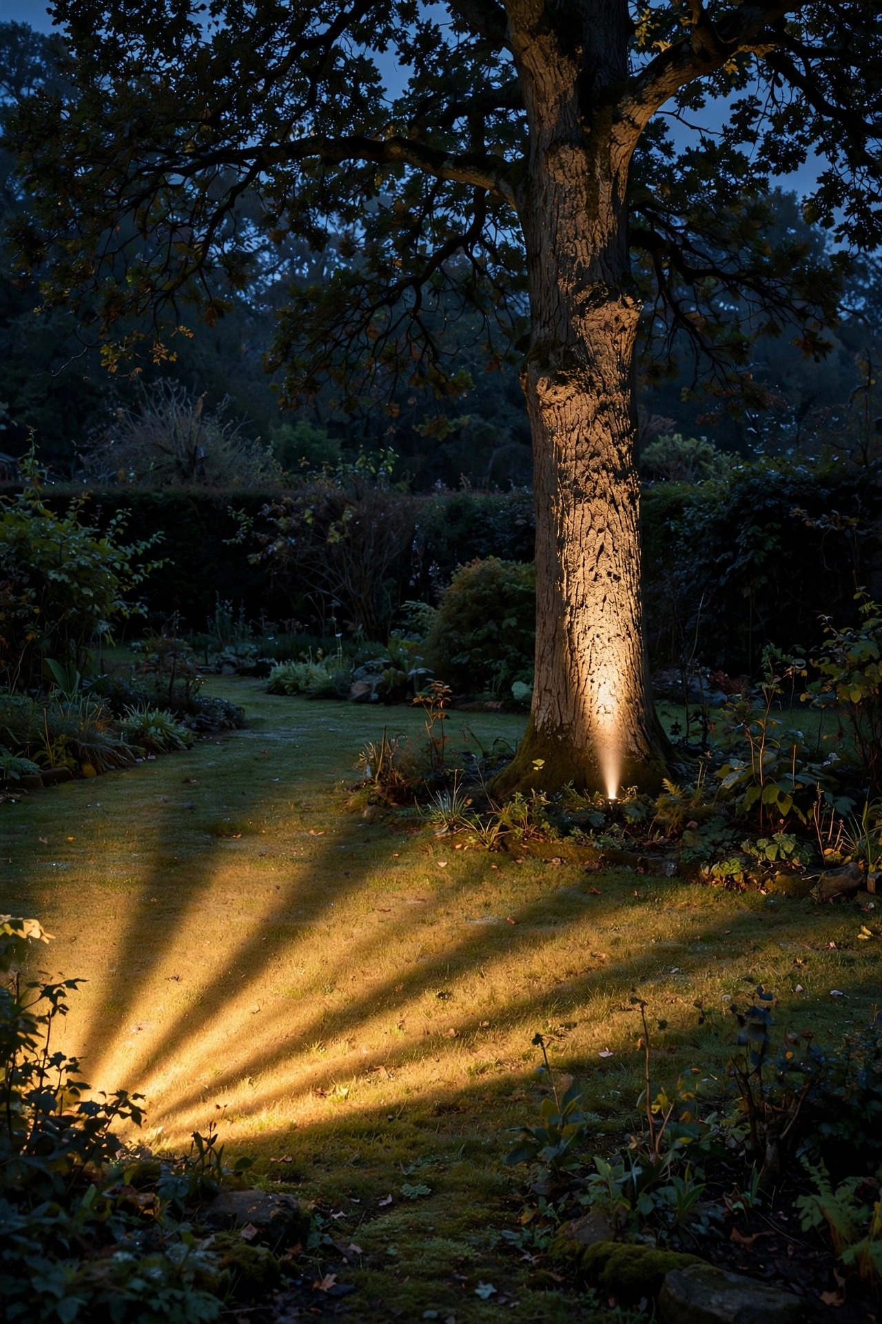 Night garden showing two distinct beams, a wide fan of warm light spreading across a lawn and a narrow cone of light climbing the trunk of an oak tree