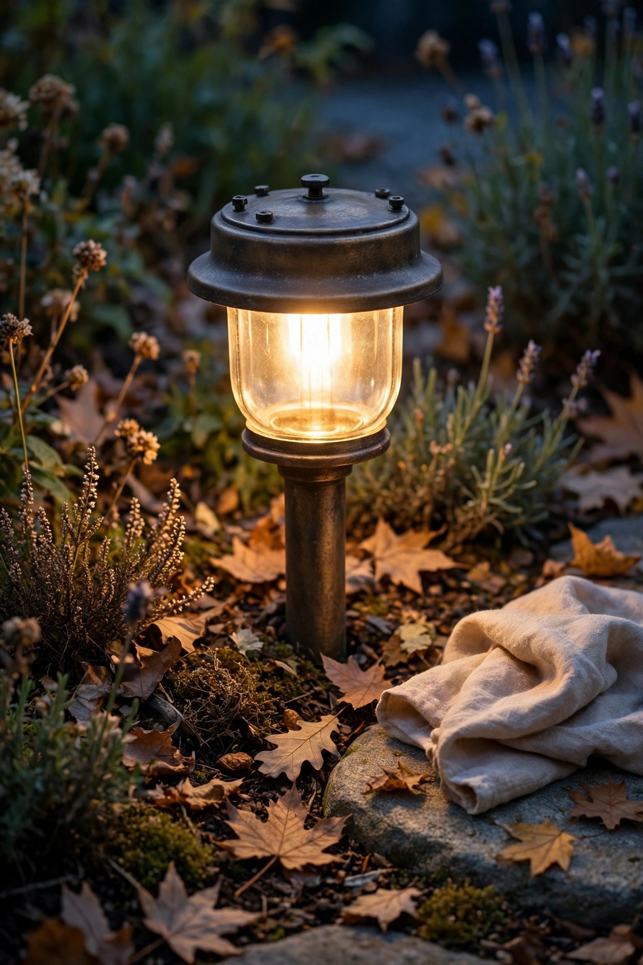 Photorealistic close view of a garden path light at dusk with a clean glowing lens beside flower beds dusted with fallen leaves, soft cloth resting on a stone nearby, warm golden light