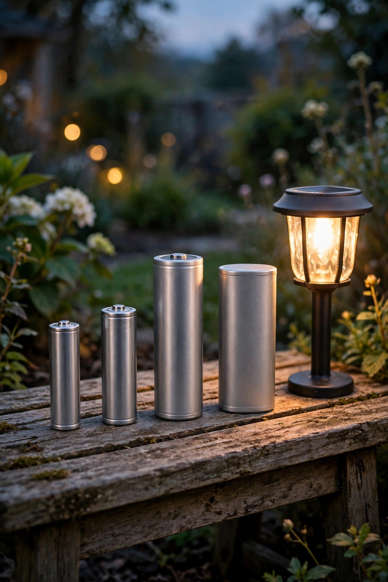 Four rechargeable battery types for solar lights arranged in a row, NiMH AA cells, a lithium 18650 cell and a LiFePO4 cell beside a garden light