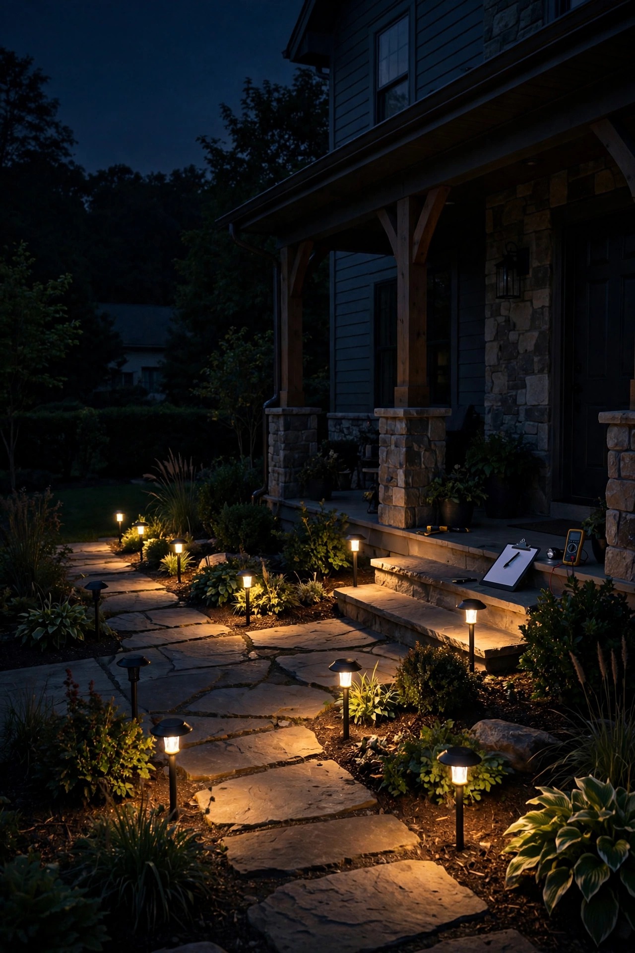 Homeowner view of a front yard at night during a lighting audit, one path light dark among glowing ones, porch light off, notebook checklist implied by the scene