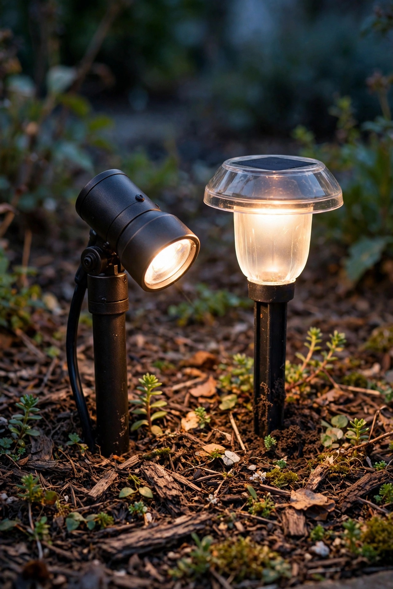 Close view of a low-voltage LED garden fixture and a solar stake light side by side in a mulched flower bed at dusk, both glowing warm white