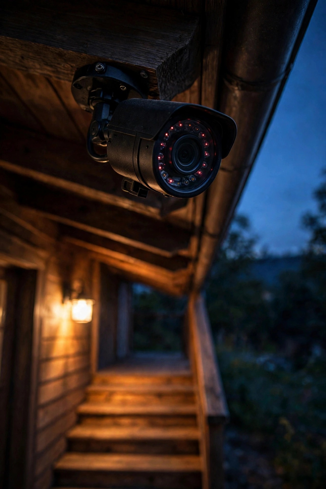 Close view of a security camera under a porch eave at night with its small infrared LEDs glowing faintly, warm porch light illuminating the steps below