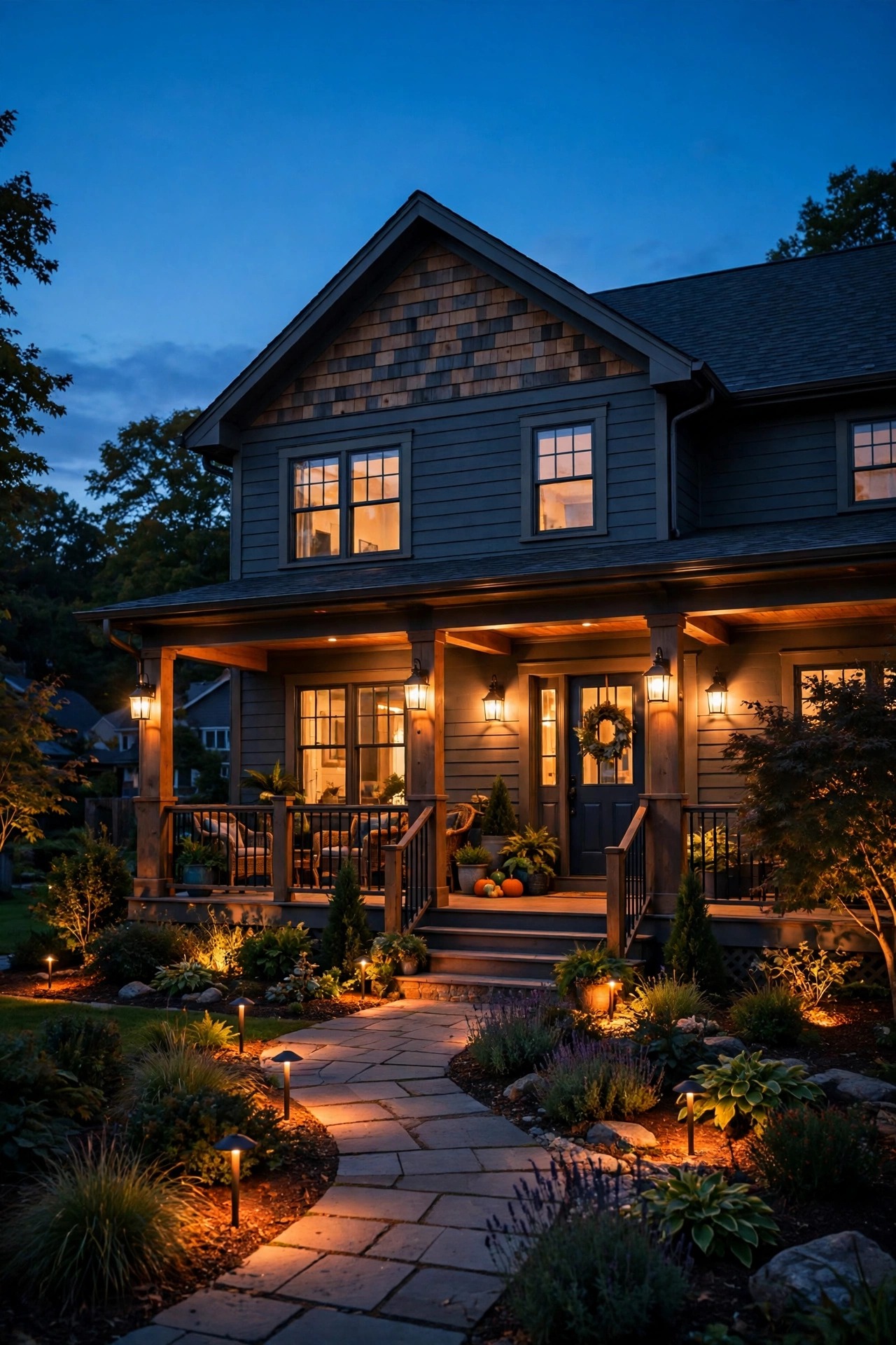 suburban home exterior at deep dusk with layered porch, path and garden lights glowing as the last light fades from the sky