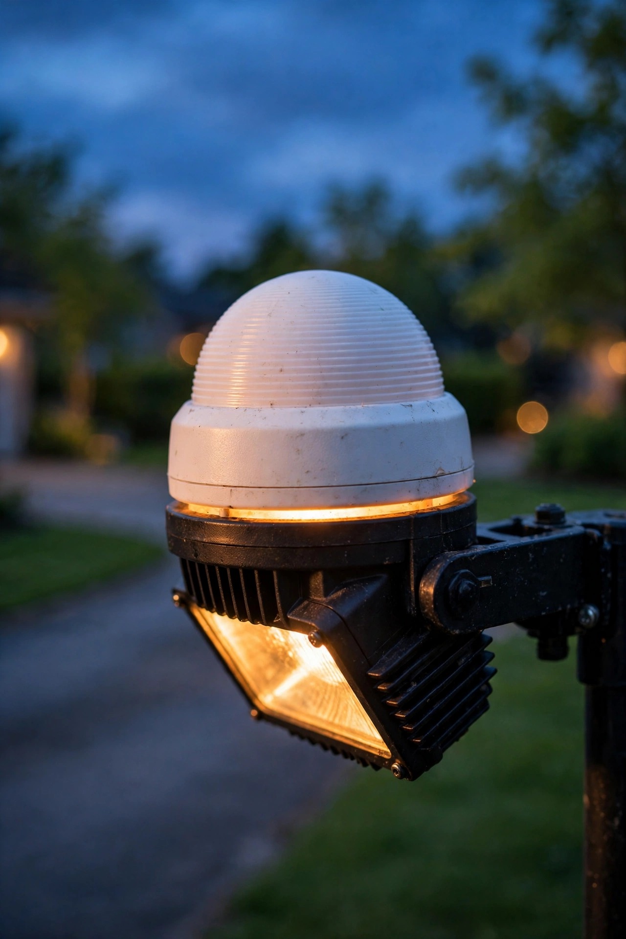 Close view of a white PIR motion sensor dome on an outdoor floodlight with a driveway and lawn behind it
