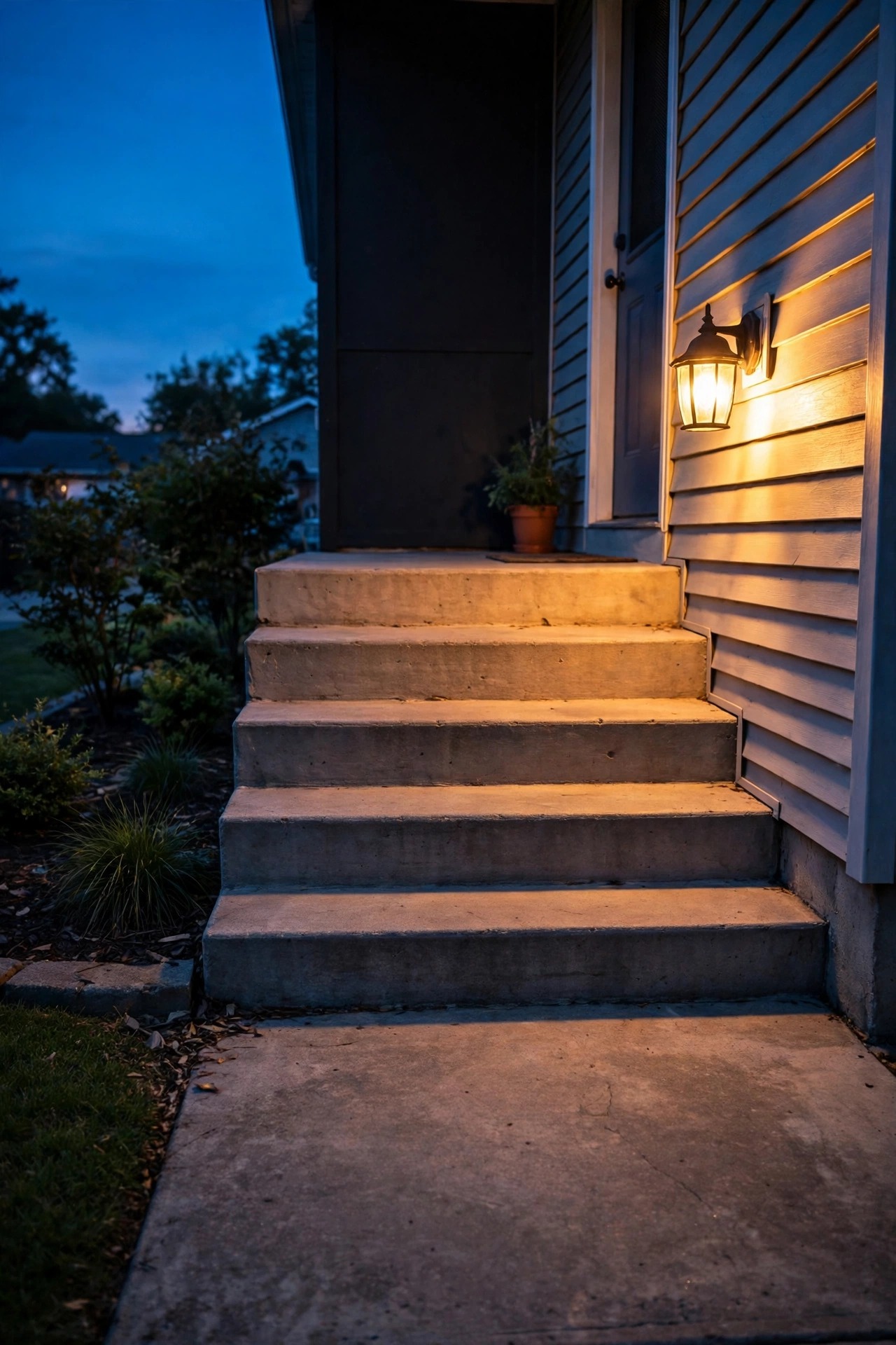 Concrete front steps and walkway of a rental home brightly lit at dusk by a warm wall lantern, every tread clearly visible