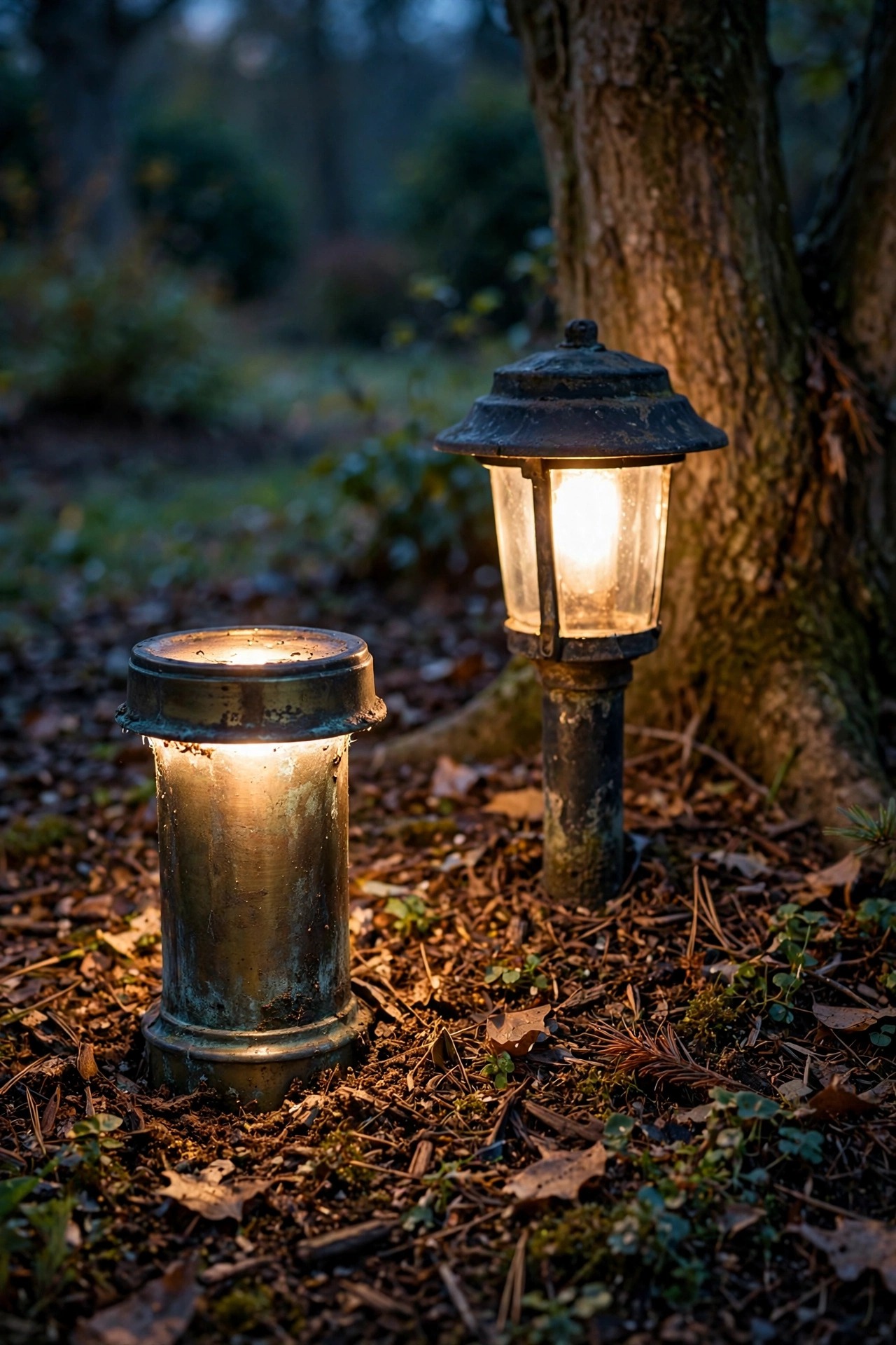 Close dusk view of a solid brass uplight with a rich aged patina glowing at the base of a tree beside an older weathered path light in a mulched bed