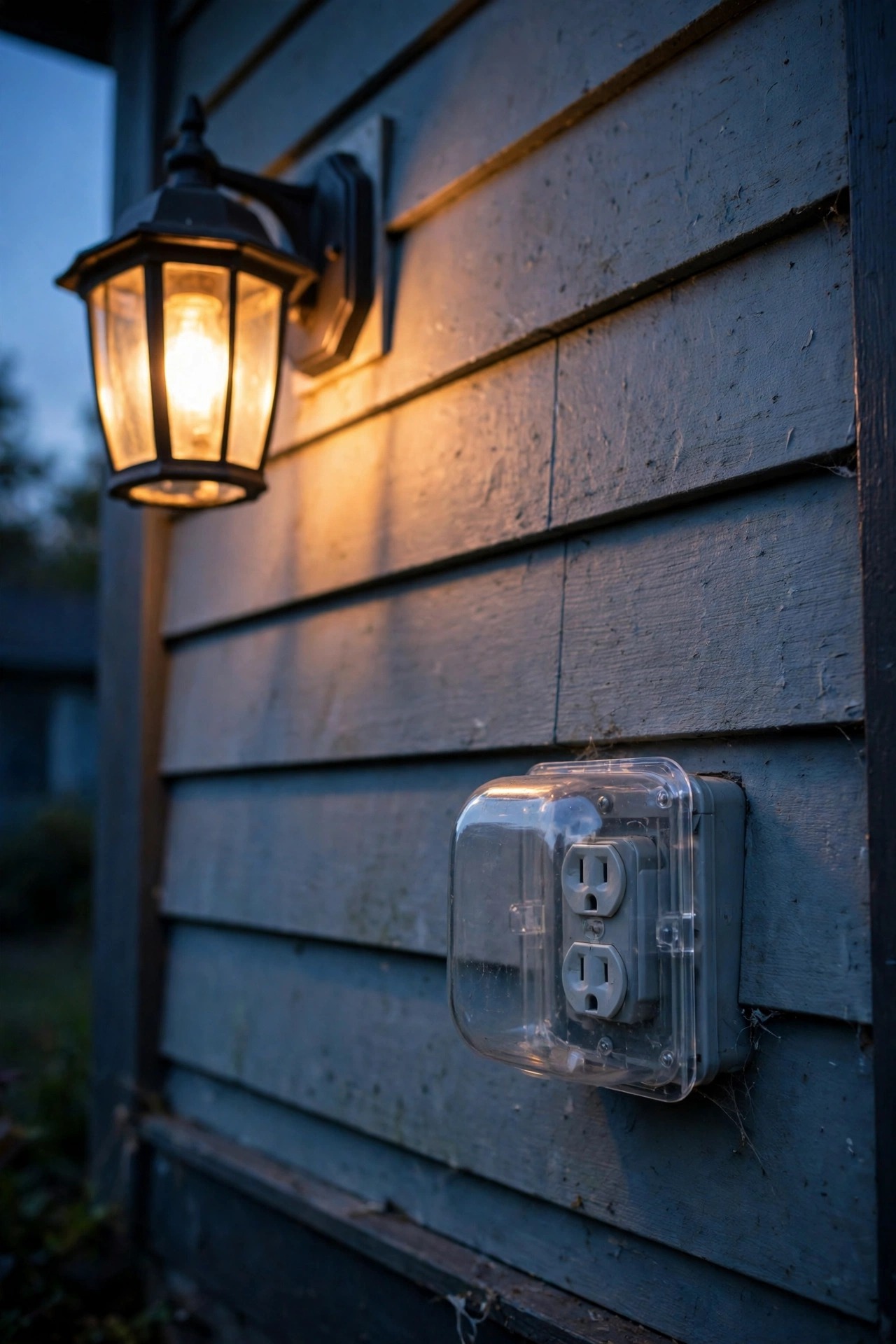 Weatherproof outdoor outlet with a closed bubble cover on a house wall at dusk, porch light glowing warmly beside it